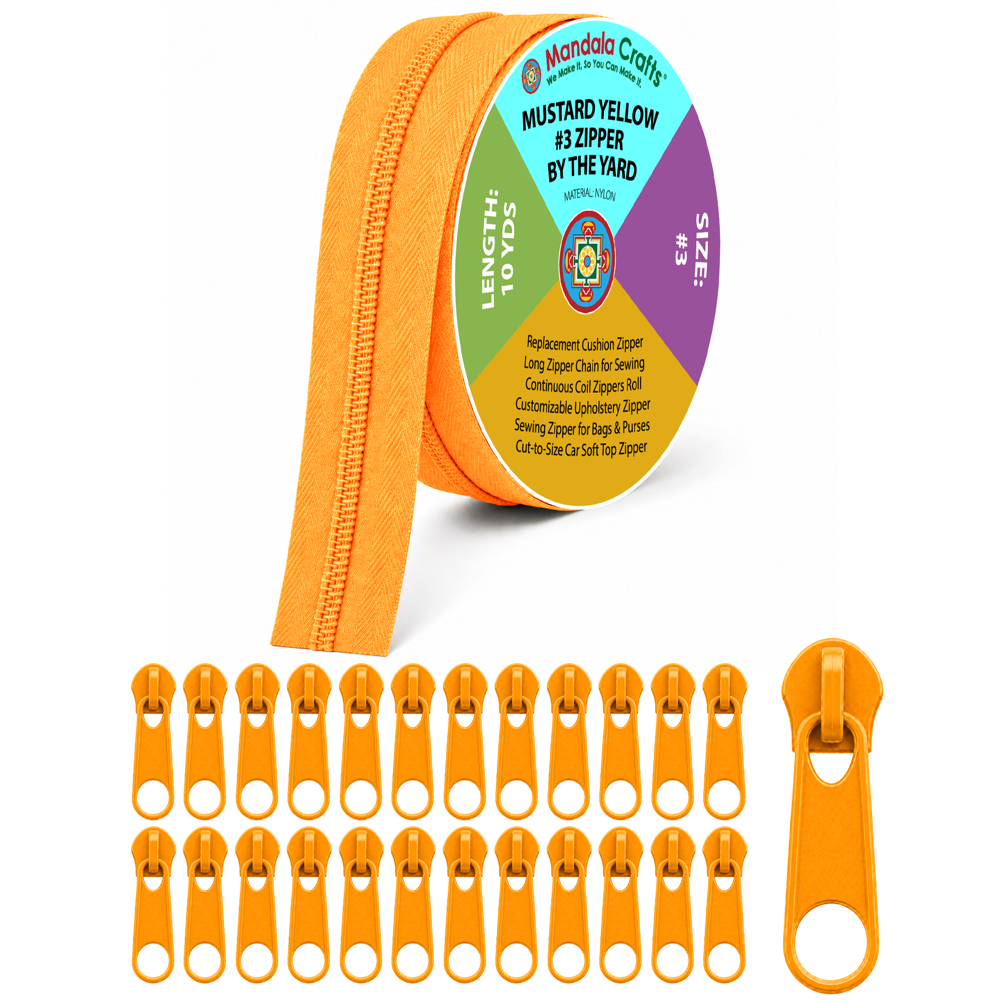 Mandala Crafts #3 #5 Nylon Zippers by the Yard with 25 Pulls | 10 YDs, Continuous Coil Zipper Chain on the Roll, Rust Resistant Sliders, for Upholstery, Sewing, Indoor Outdoor Cushions