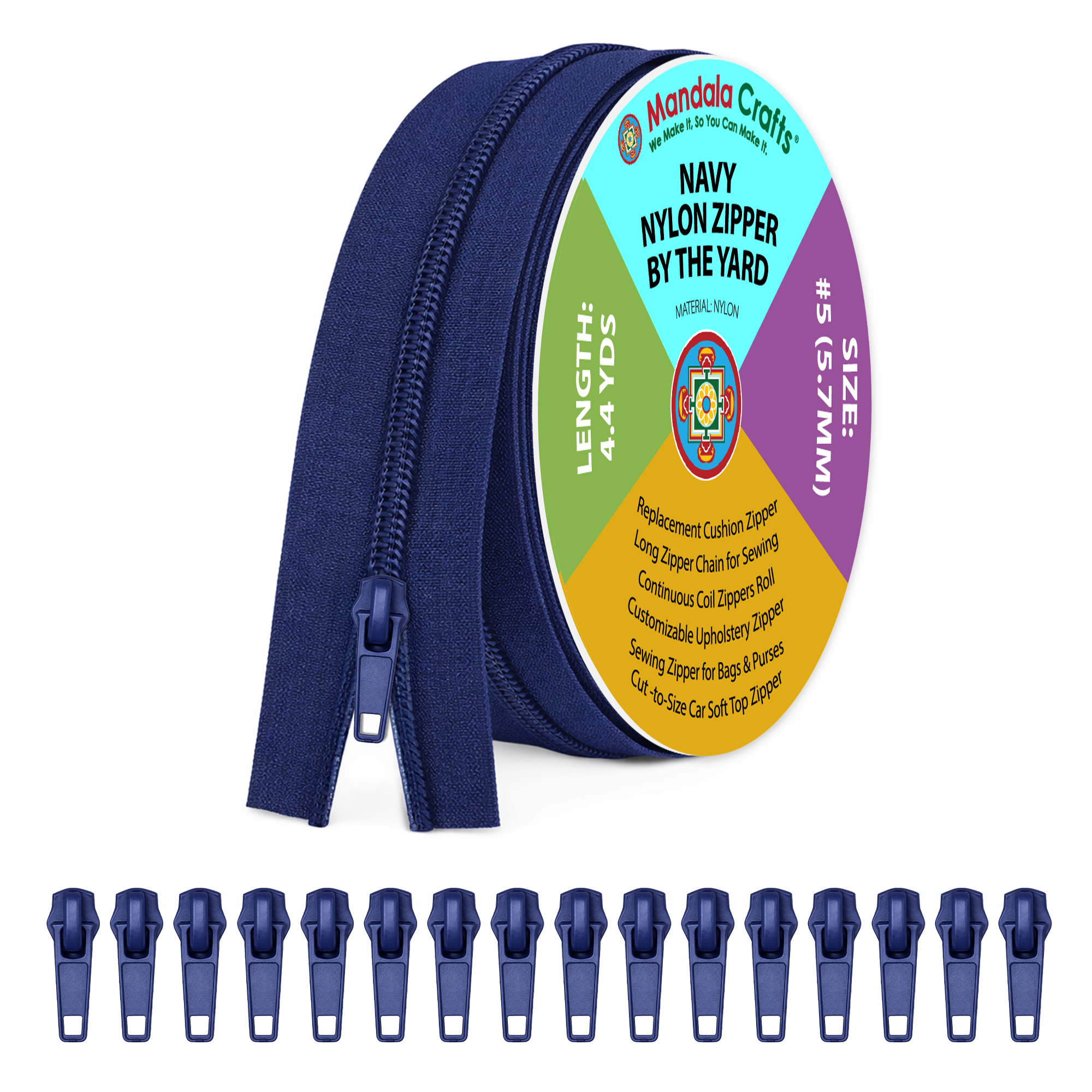 Mandala Crafts Long Zipper by The Yard - Coil Zipper by The Yard #5 - Continuous Zipper Roll for Sewing - Upholstery Zipper Chain with 16 Installed Sliders 4.4 Yards Long