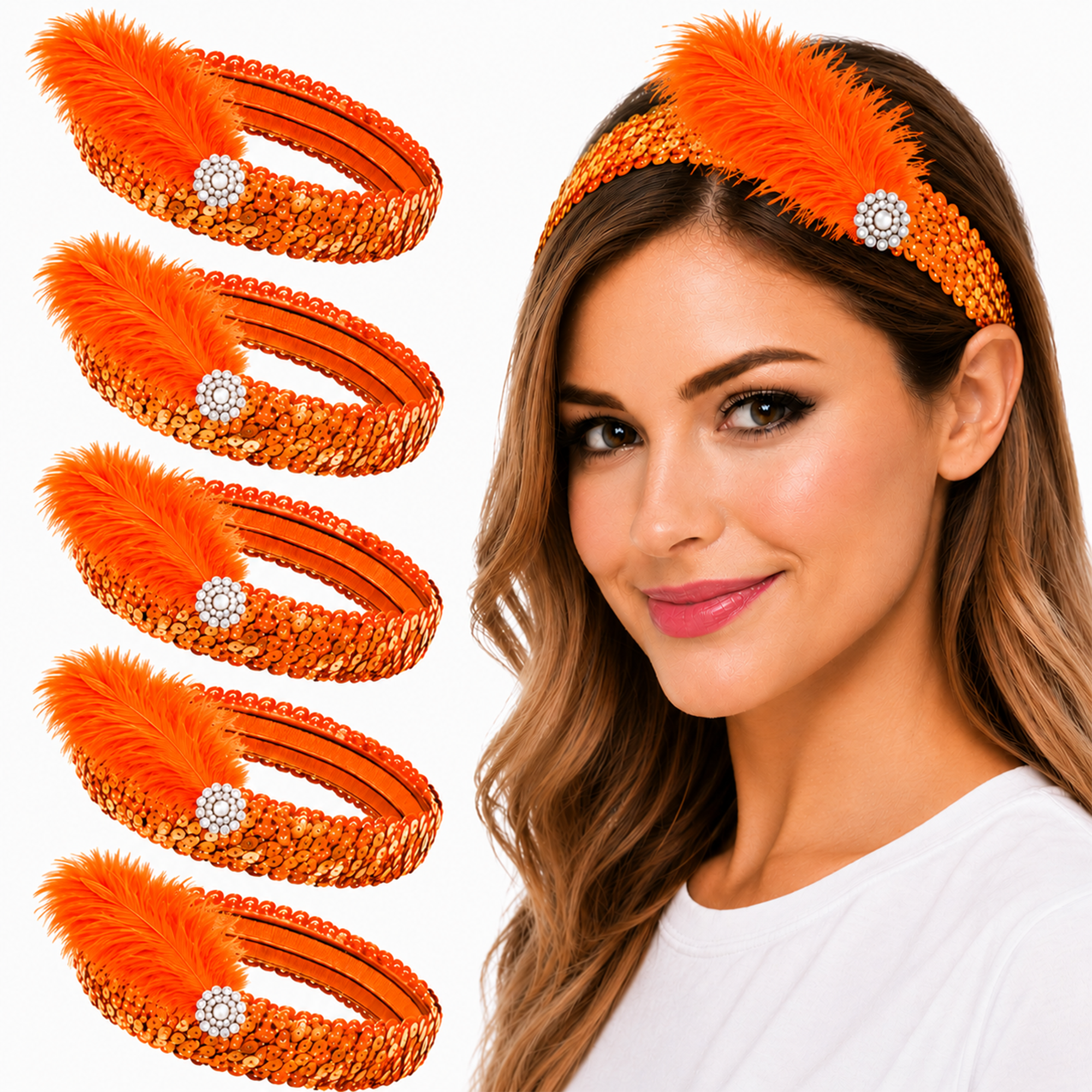 Mandala Crafts Glitter Sequin Headbands with Ostrich Feather Flapper for Women – Elastic Sparkle Bands for Disco, Dance, Carnival Party, or Costume Accessories 5 PCs
