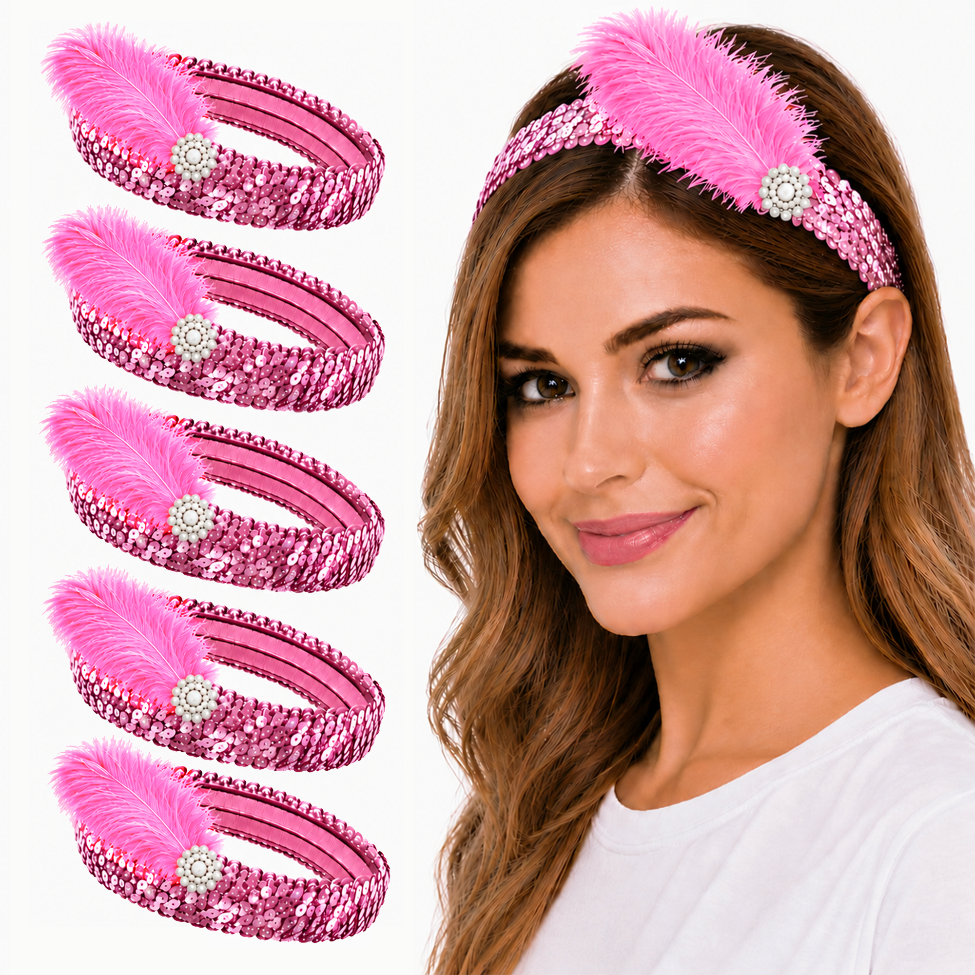 Mandala Crafts Glitter Sequin Headbands with Ostrich Feather Flapper for Women – Elastic Sparkle Bands for Disco, Dance, Carnival Party, or Costume Accessories 5 PCs