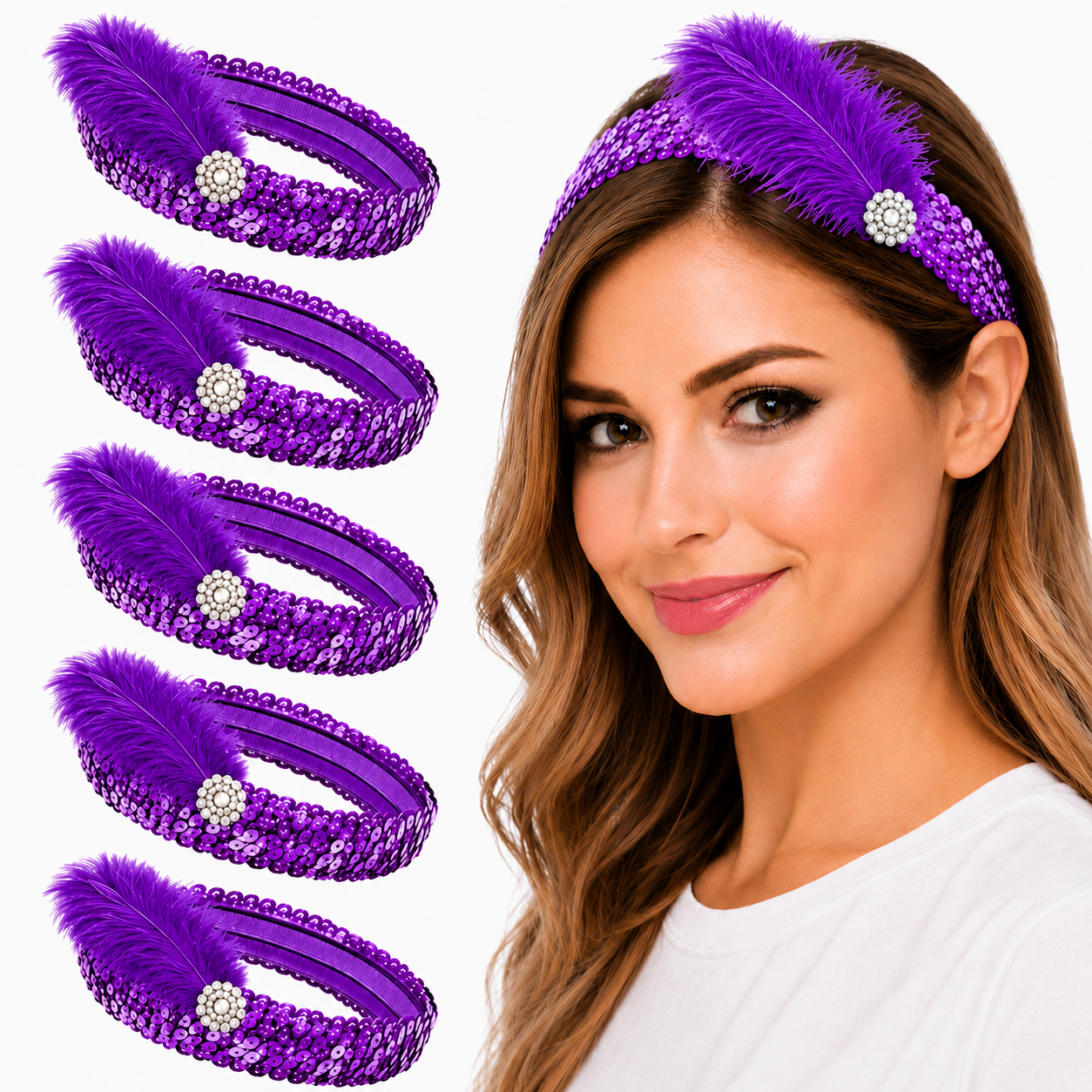 Mandala Crafts Glitter Sequin Headbands with Ostrich Feather Flapper for Women – Elastic Sparkle Bands for Disco, Dance, Carnival Party, or Costume Accessories 5 PCs