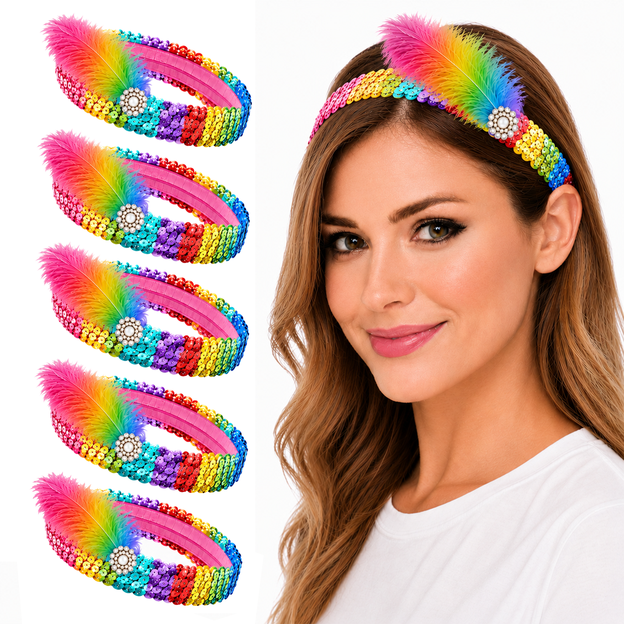 Mandala Crafts Glitter Sequin Headbands with Ostrich Feather Flapper for Women – Elastic Sparkle Bands for Disco, Dance, Carnival Party, or Costume Accessories 5 PCs