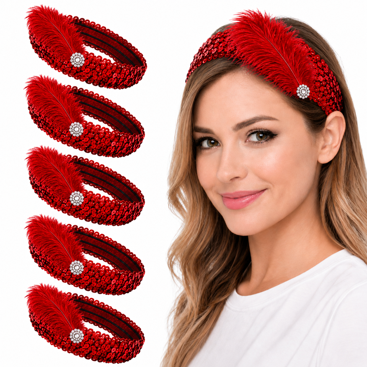 Mandala Crafts Glitter Sequin Headbands with Ostrich Feather Flapper for Women – Elastic Sparkle Bands for Disco, Dance, Carnival Party, or Costume Accessories 5 PCs