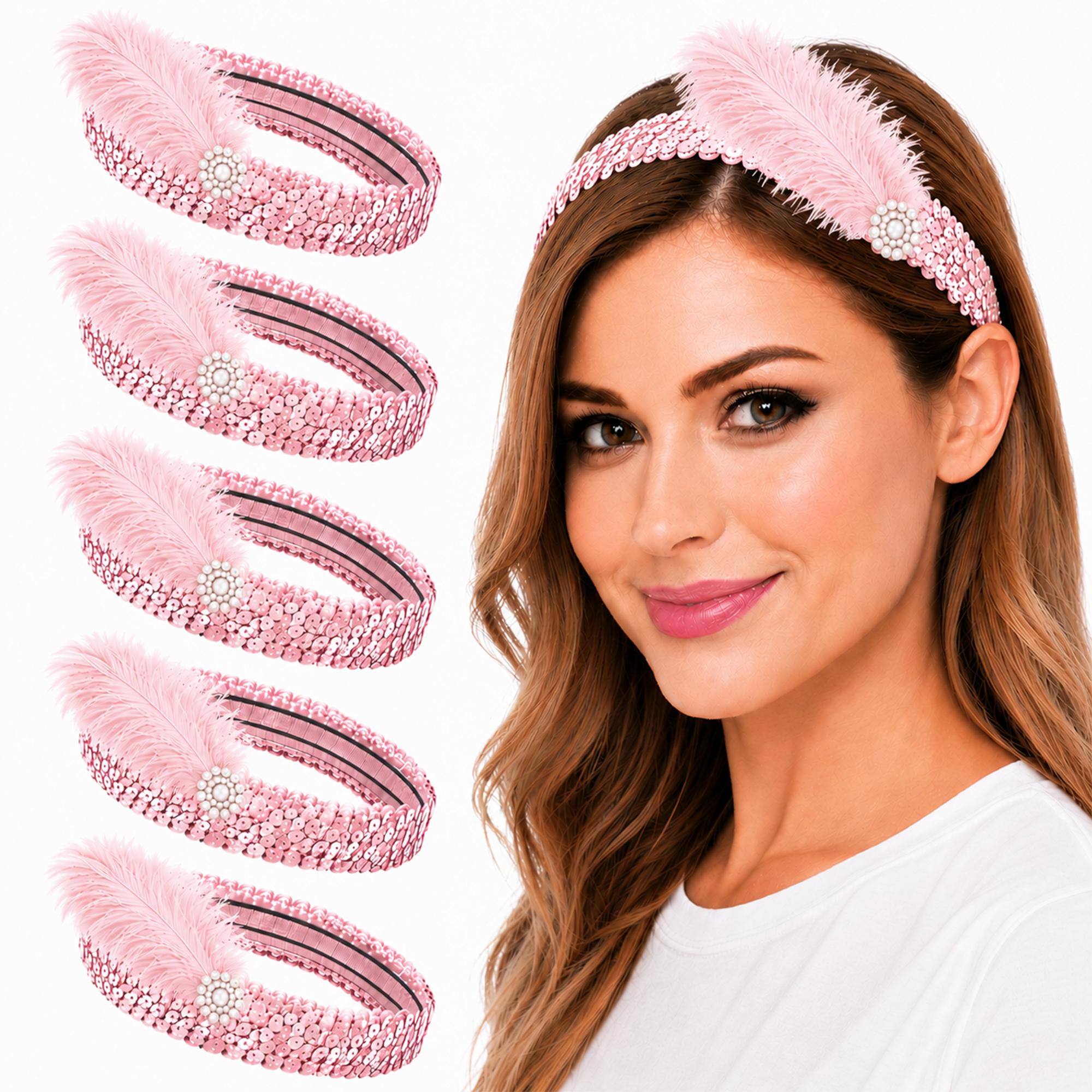 Mandala Crafts Glitter Sequin Headbands with Ostrich Feather Flapper for Women – Elastic Sparkle Bands for Disco, Dance, Carnival Party, or Costume Accessories 5 PCs