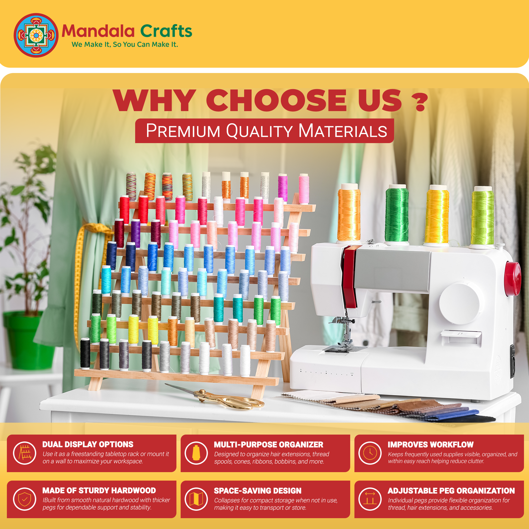 Thread Holder for Spools of Thread, Hair Rack for Braiding Hair, Wooden Organizer Stand for Sewing
