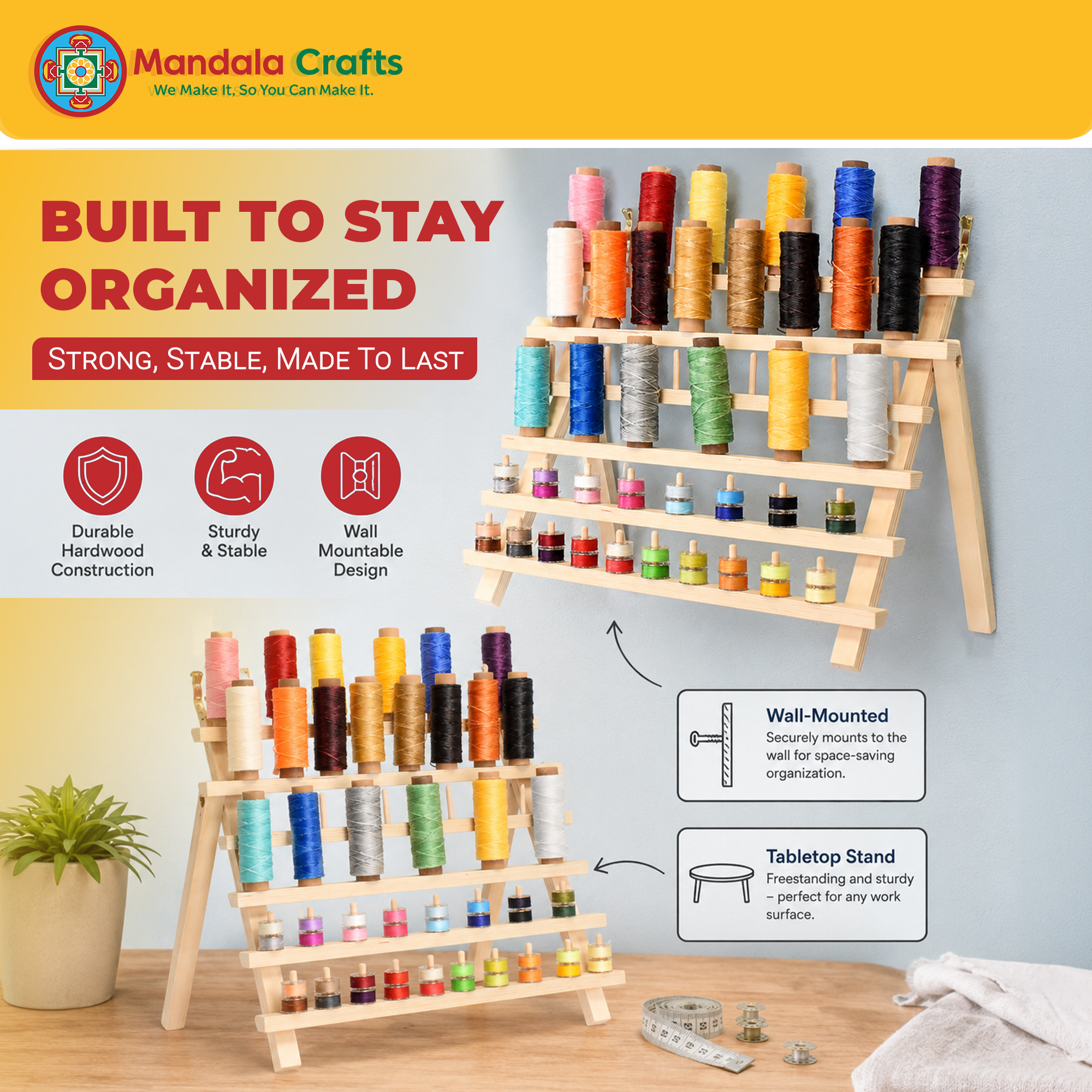 Thread Holder for Spools of Thread, Hair Rack for Braiding Hair, Wooden Organizer Stand for Sewing