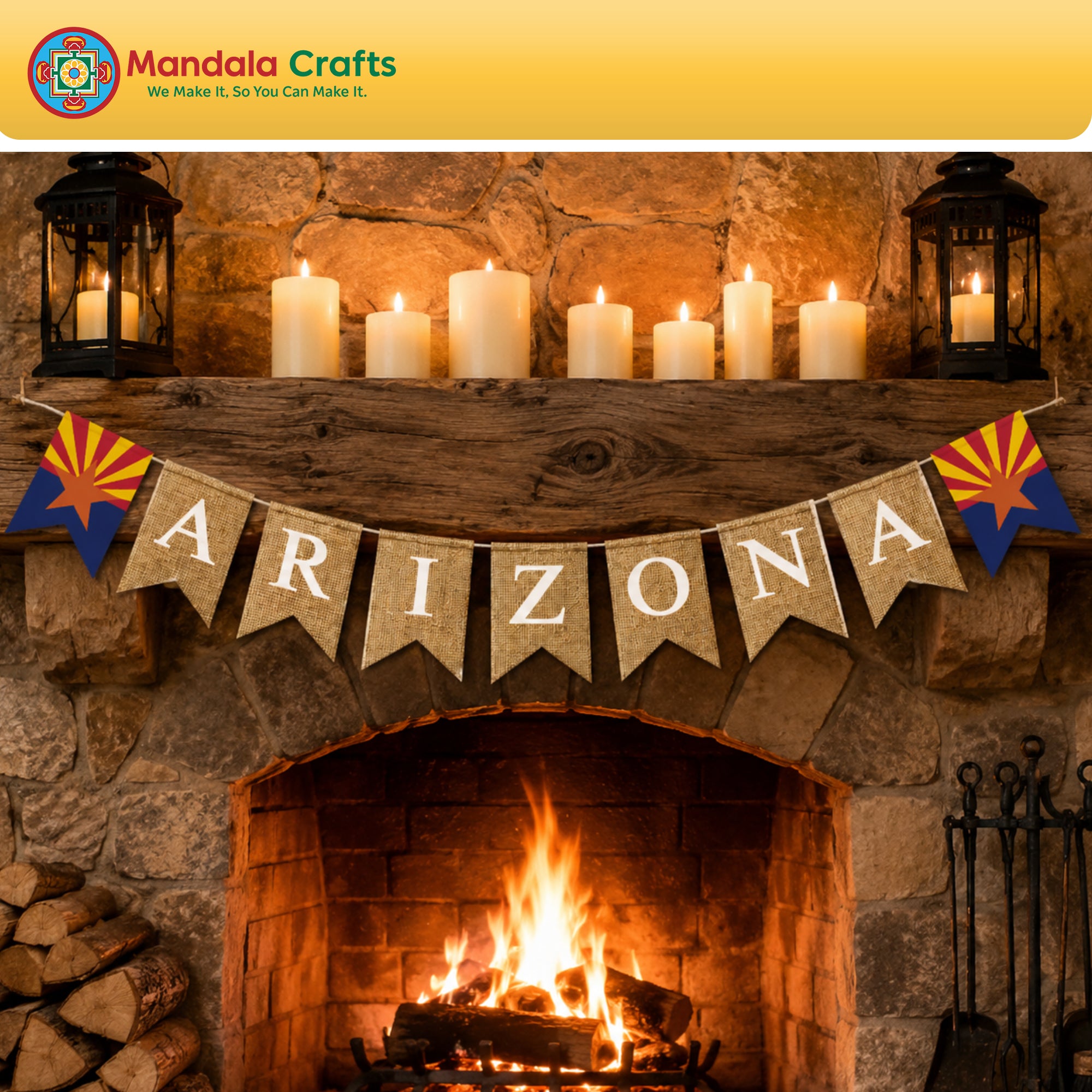 Mandala Crafts Burlap Banner, Rustic State Flag Pennant Decorations, Jute Garland Sign for Western Party, Classroom & Fireplace Mantel Décor