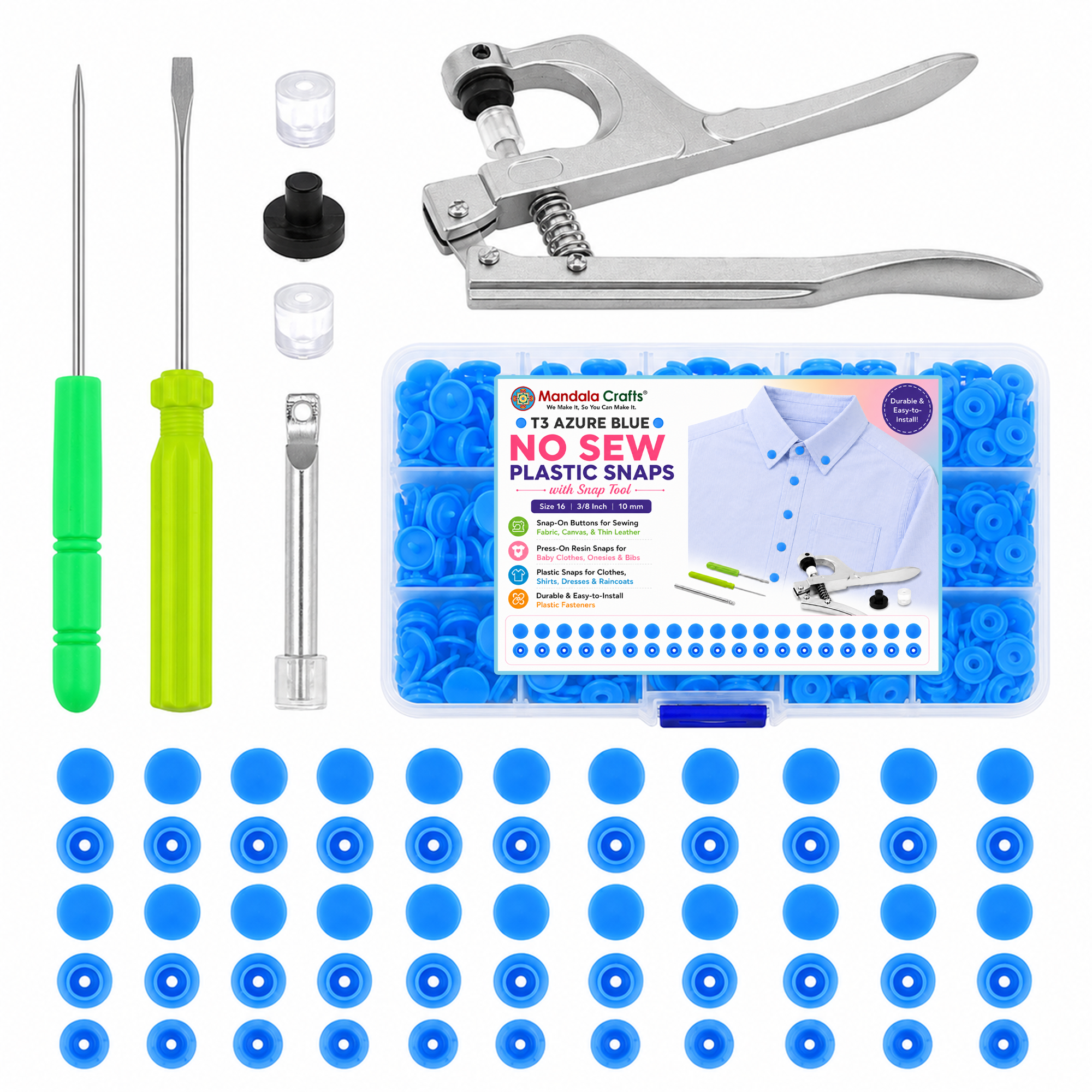 Mandala Crafts Plastic Snaps for Clothing - No-Sew Plastic Snap Buttons - Snap Button Kit - Snap Fastener Kit with Tools for Fabric Sewing Clothes