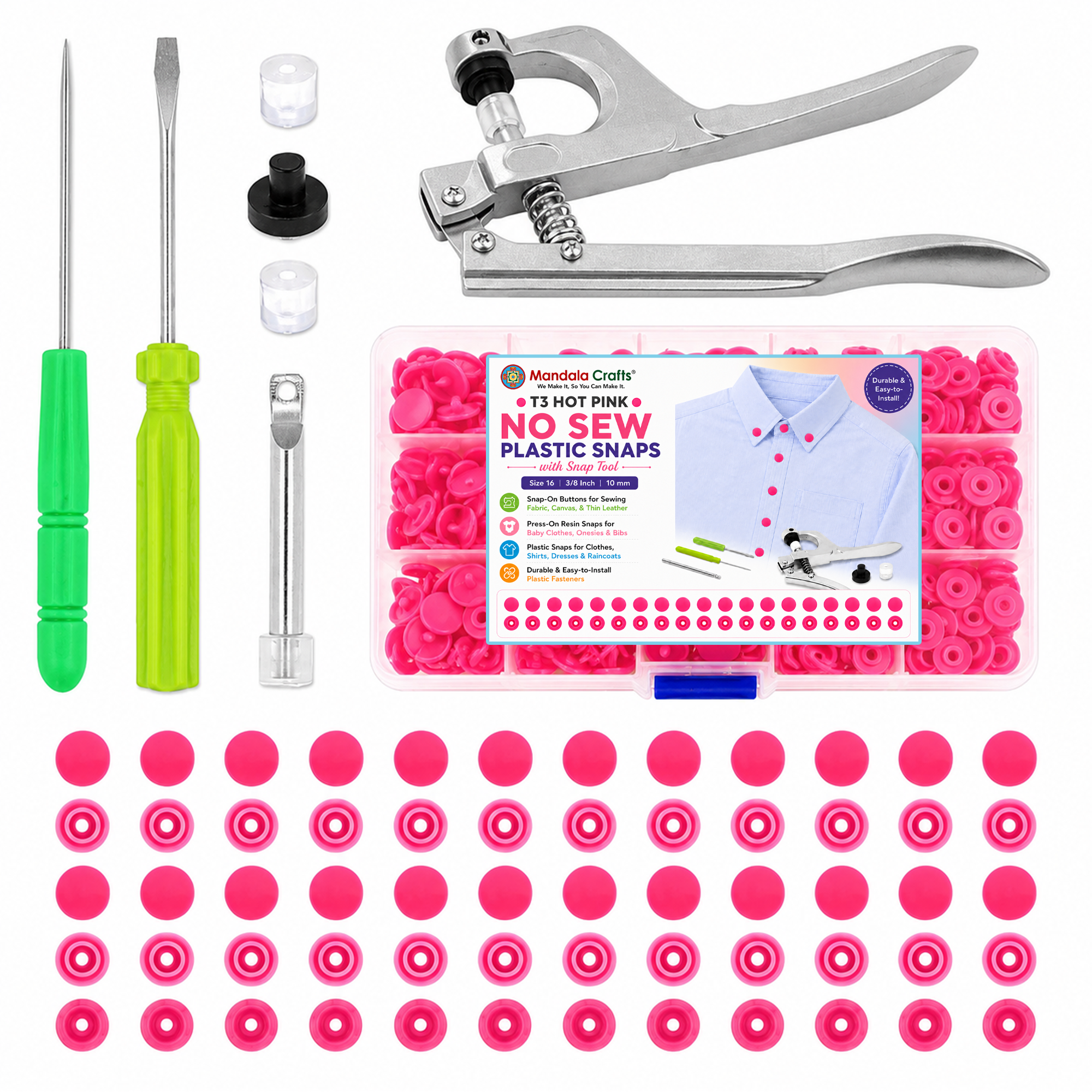 Mandala Crafts Plastic Snaps for Clothing - No-Sew Plastic Snap Buttons - Snap Button Kit - Snap Fastener Kit with Tools for Fabric Sewing Clothes