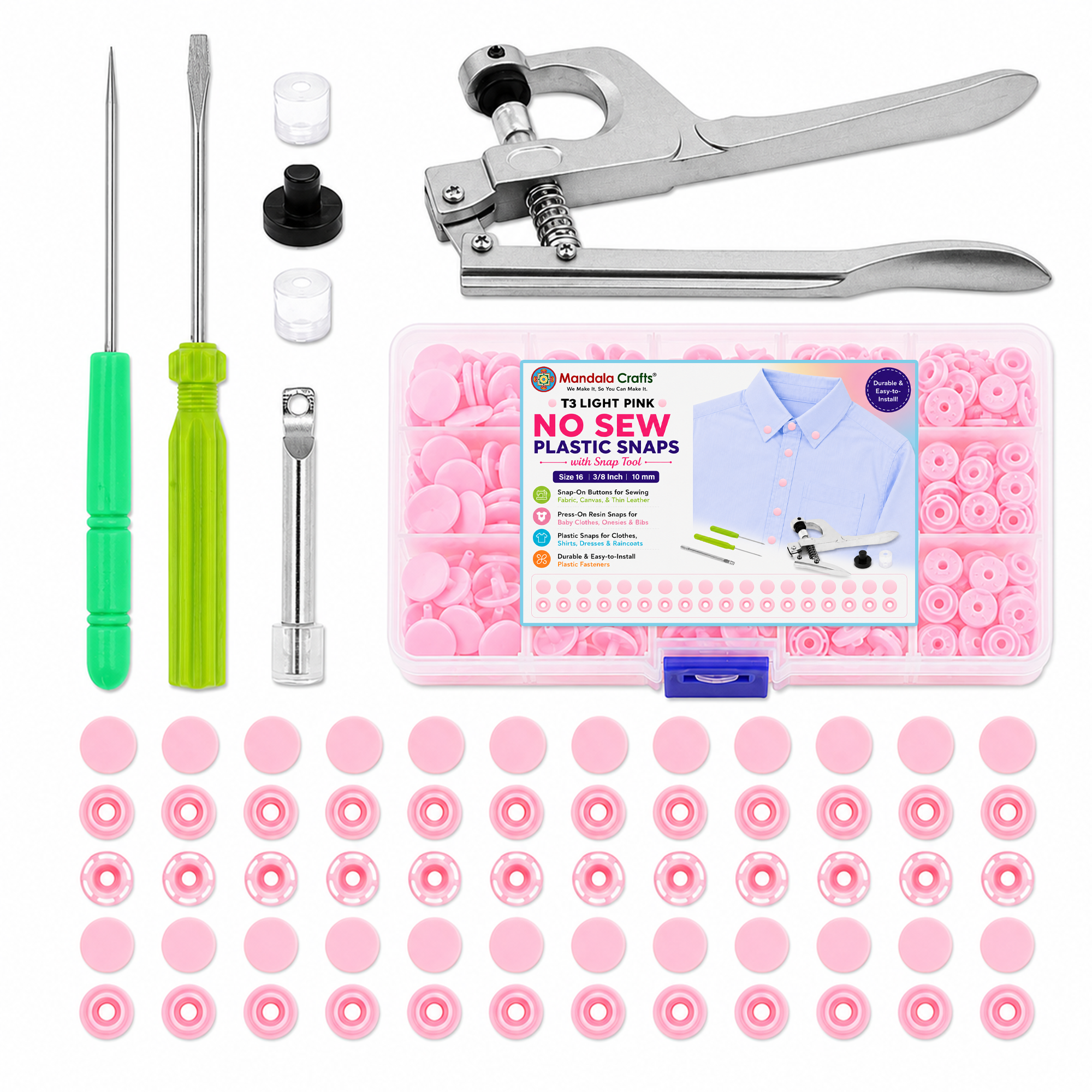 Mandala Crafts Plastic Snaps for Clothing - No-Sew Plastic Snap Buttons - Snap Button Kit - Snap Fastener Kit with Tools for Fabric Sewing Clothes