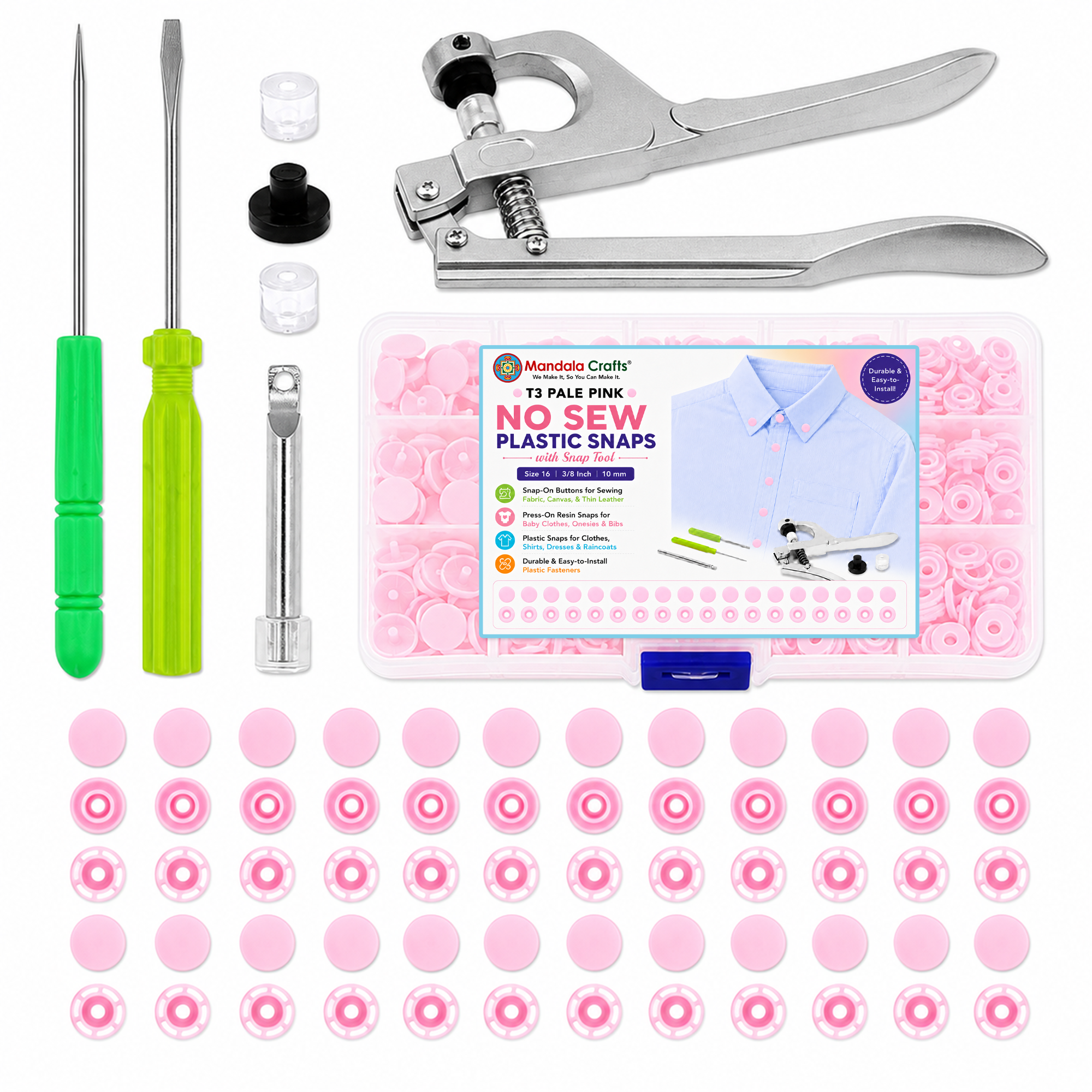 Mandala Crafts Plastic Snaps for Clothing - No-Sew Plastic Snap Buttons - Snap Button Kit - Snap Fastener Kit with Tools for Fabric Sewing Clothes