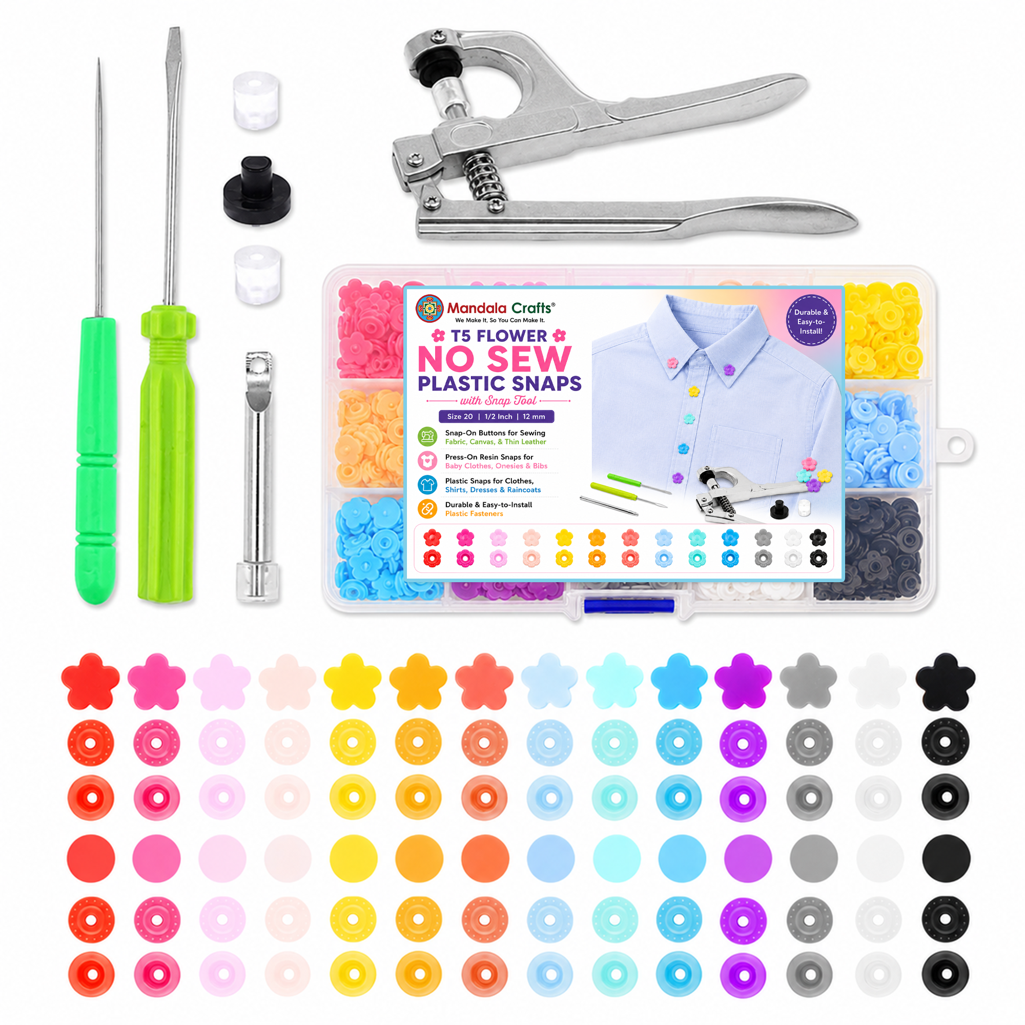 Mandala Crafts Plastic Snaps for Clothing - No-Sew Plastic Snap Buttons - Snap Button Kit - Snap Fastener Kit with Tools for Fabric Sewing Clothes