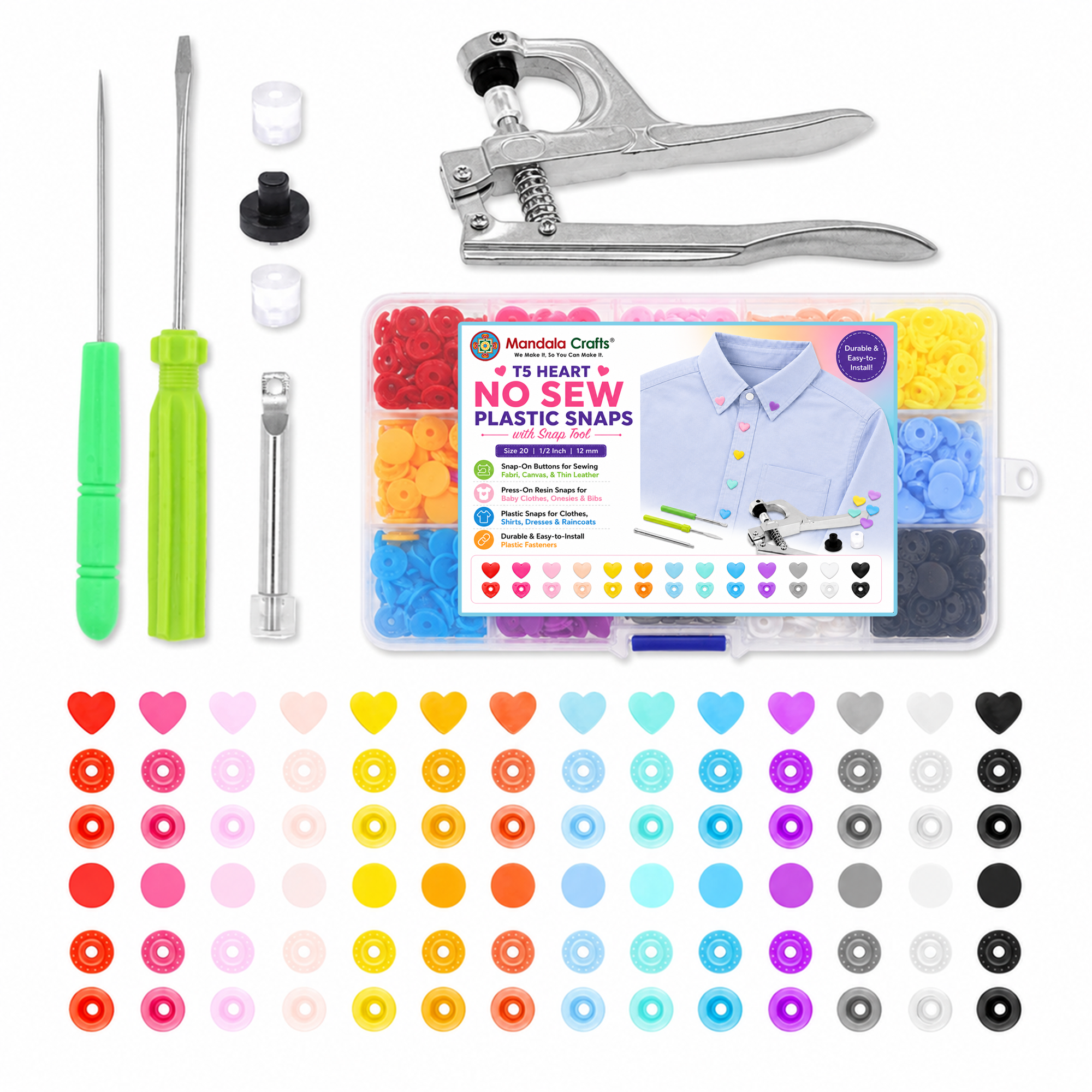 Mandala Crafts Plastic Snaps for Clothing - No-Sew Plastic Snap Buttons - Snap Button Kit - Snap Fastener Kit with Tools for Fabric Sewing Clothes