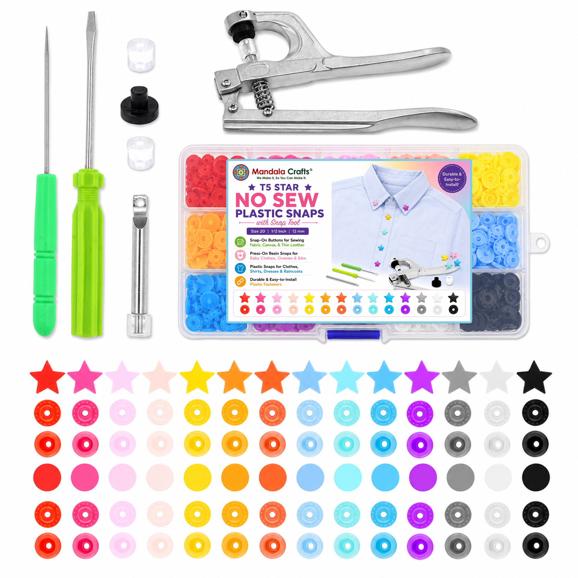 Mandala Crafts Plastic Snaps for Clothing - No-Sew Plastic Snap Buttons - Snap Button Kit - Snap Fastener Kit with Tools for Fabric Sewing Clothes