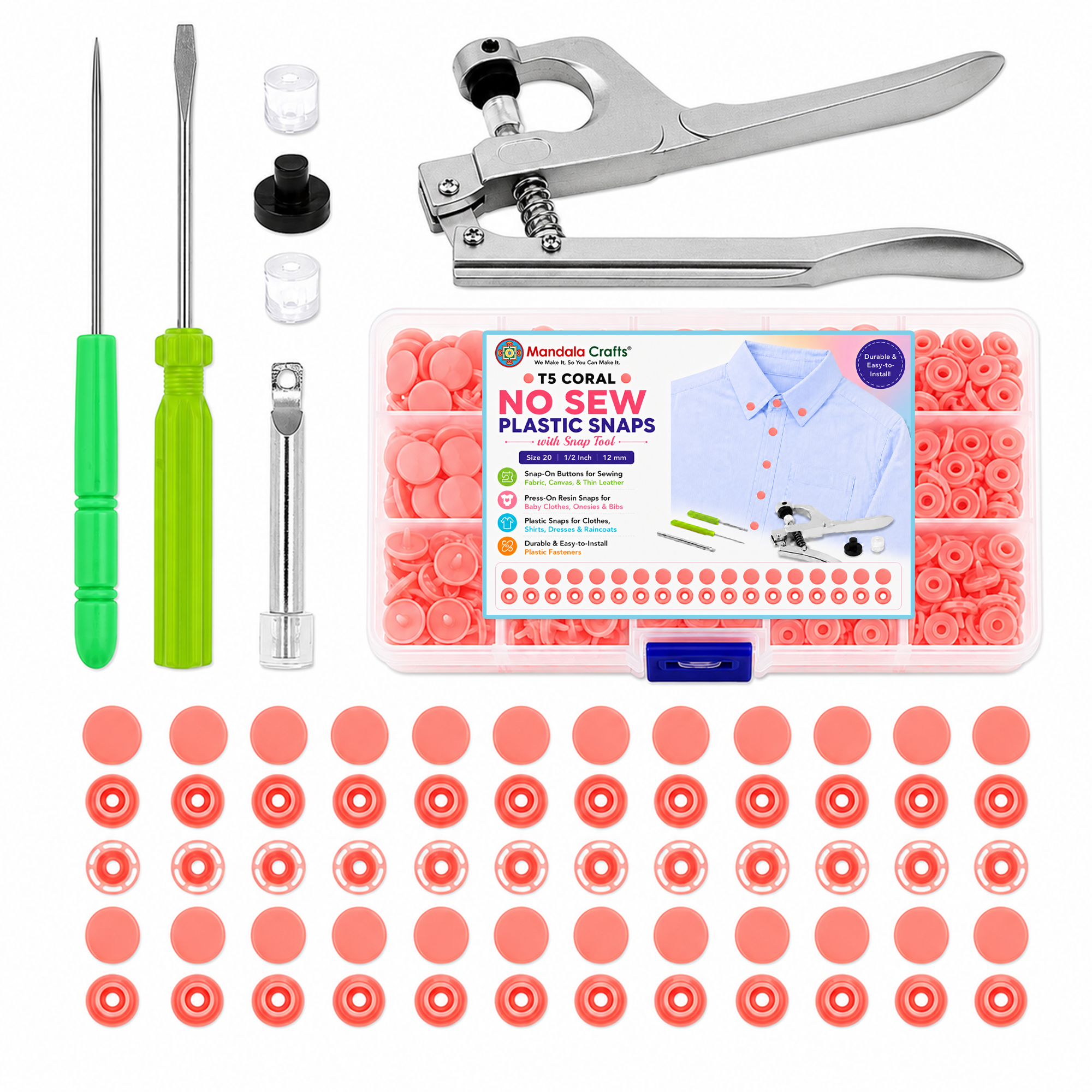 Mandala Crafts Plastic Snaps for Clothing - No-Sew Plastic Snap Buttons - Snap Button Kit - Snap Fastener Kit with Tools for Fabric Sewing Clothes