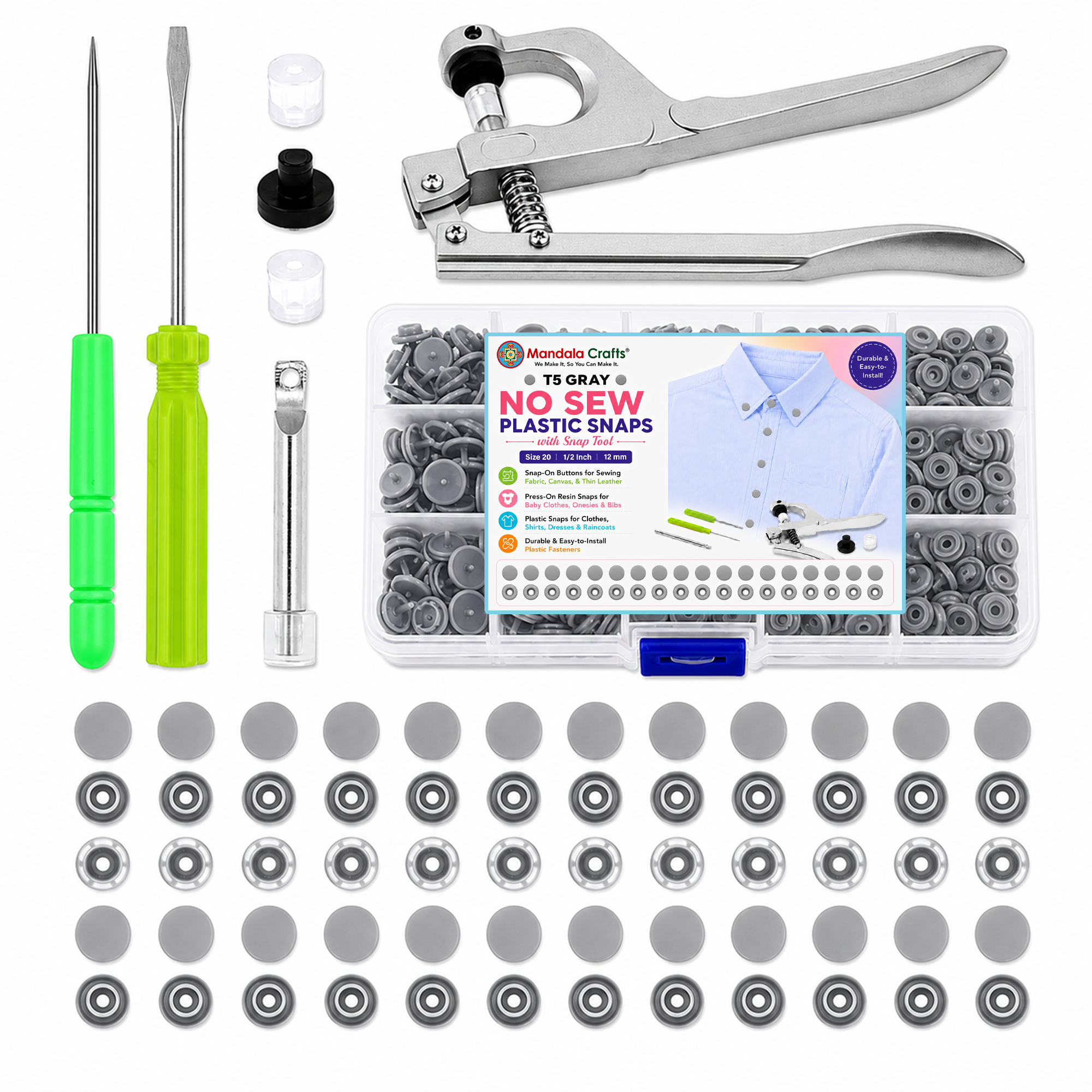 Mandala Crafts Plastic Snaps for Clothing - No-Sew Plastic Snap Buttons - Snap Button Kit - Snap Fastener Kit with Tools for Fabric Sewing Clothes