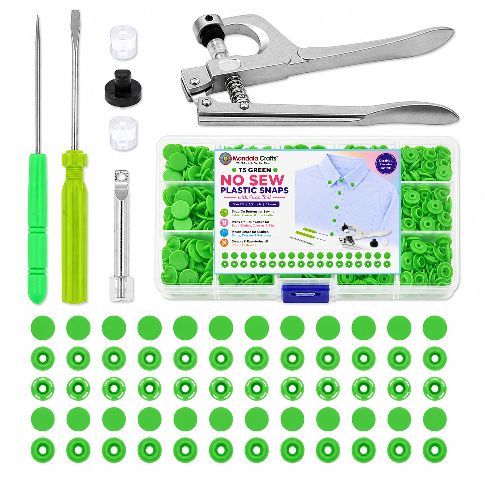 Mandala Crafts Plastic Snaps for Clothing - No-Sew Plastic Snap Buttons - Snap Button Kit - Snap Fastener Kit with Tools for Fabric Sewing Clothes