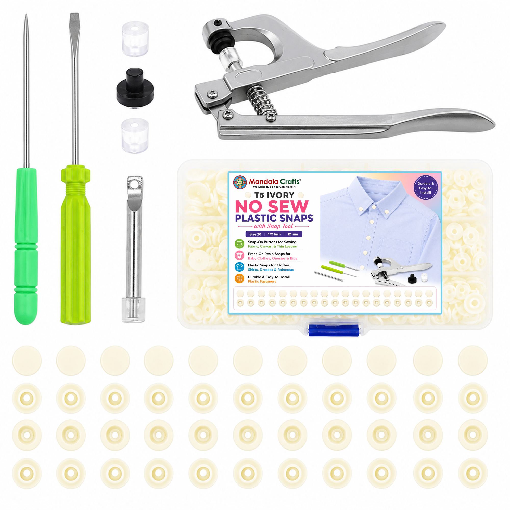 Mandala Crafts Plastic Snaps for Clothing - No-Sew Plastic Snap Buttons - Snap Button Kit - Snap Fastener Kit with Tools for Fabric Sewing Clothes