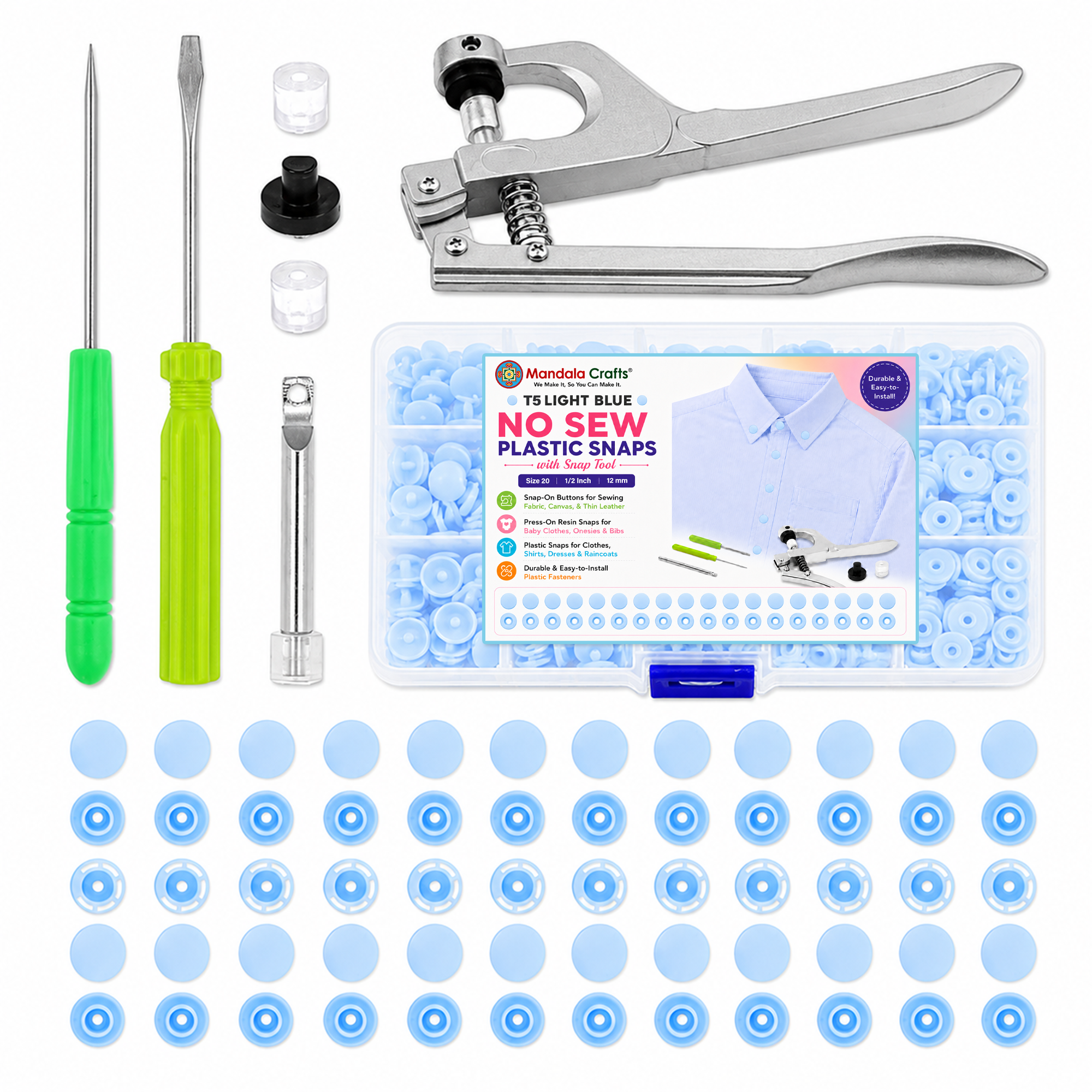 Mandala Crafts Plastic Snaps for Clothing - No-Sew Plastic Snap Buttons - Snap Button Kit - Snap Fastener Kit with Tools for Fabric Sewing Clothes
