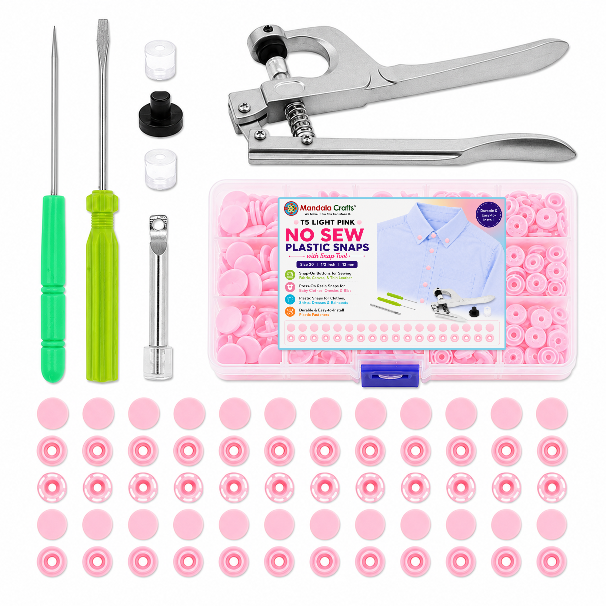 Mandala Crafts Plastic Snaps for Clothing - No-Sew Plastic Snap Buttons - Snap Button Kit - Snap Fastener Kit with Tools for Fabric Sewing Clothes