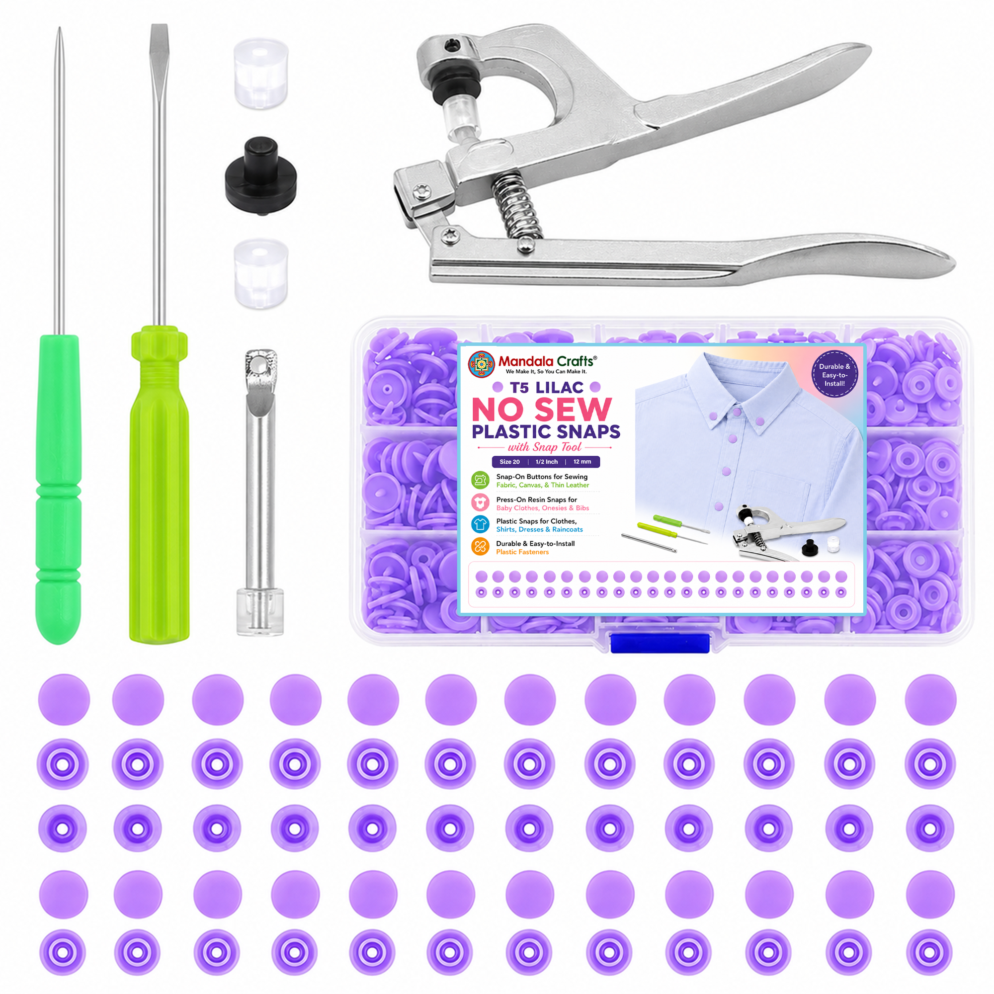 Mandala Crafts Plastic Snaps for Clothing - No-Sew Plastic Snap Buttons - Snap Button Kit - Snap Fastener Kit with Tools for Fabric Sewing Clothes