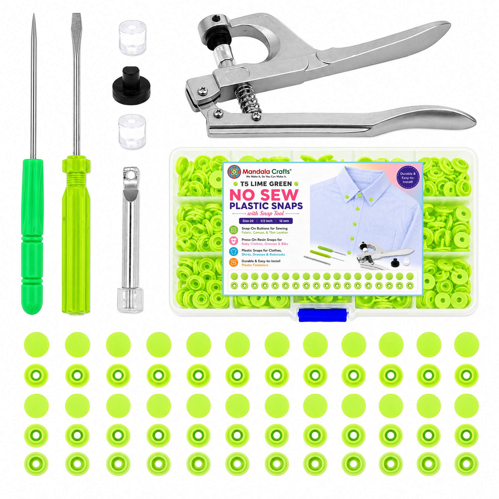 Mandala Crafts Plastic Snaps for Clothing - No-Sew Plastic Snap Buttons - Snap Button Kit - Snap Fastener Kit with Tools for Fabric Sewing Clothes