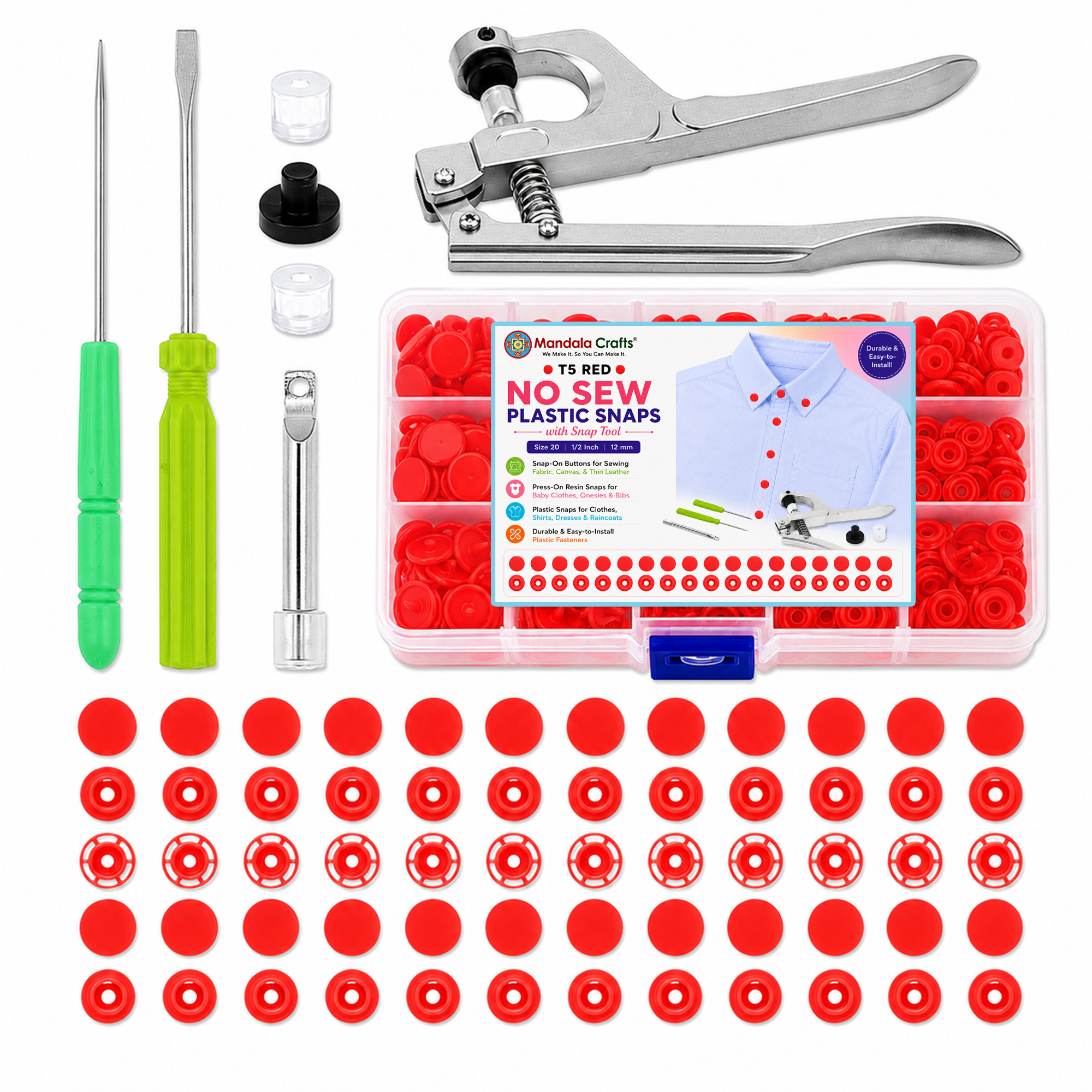 Mandala Crafts Plastic Snaps for Clothing - No-Sew Plastic Snap Buttons - Snap Button Kit - Snap Fastener Kit with Tools for Fabric Sewing Clothes