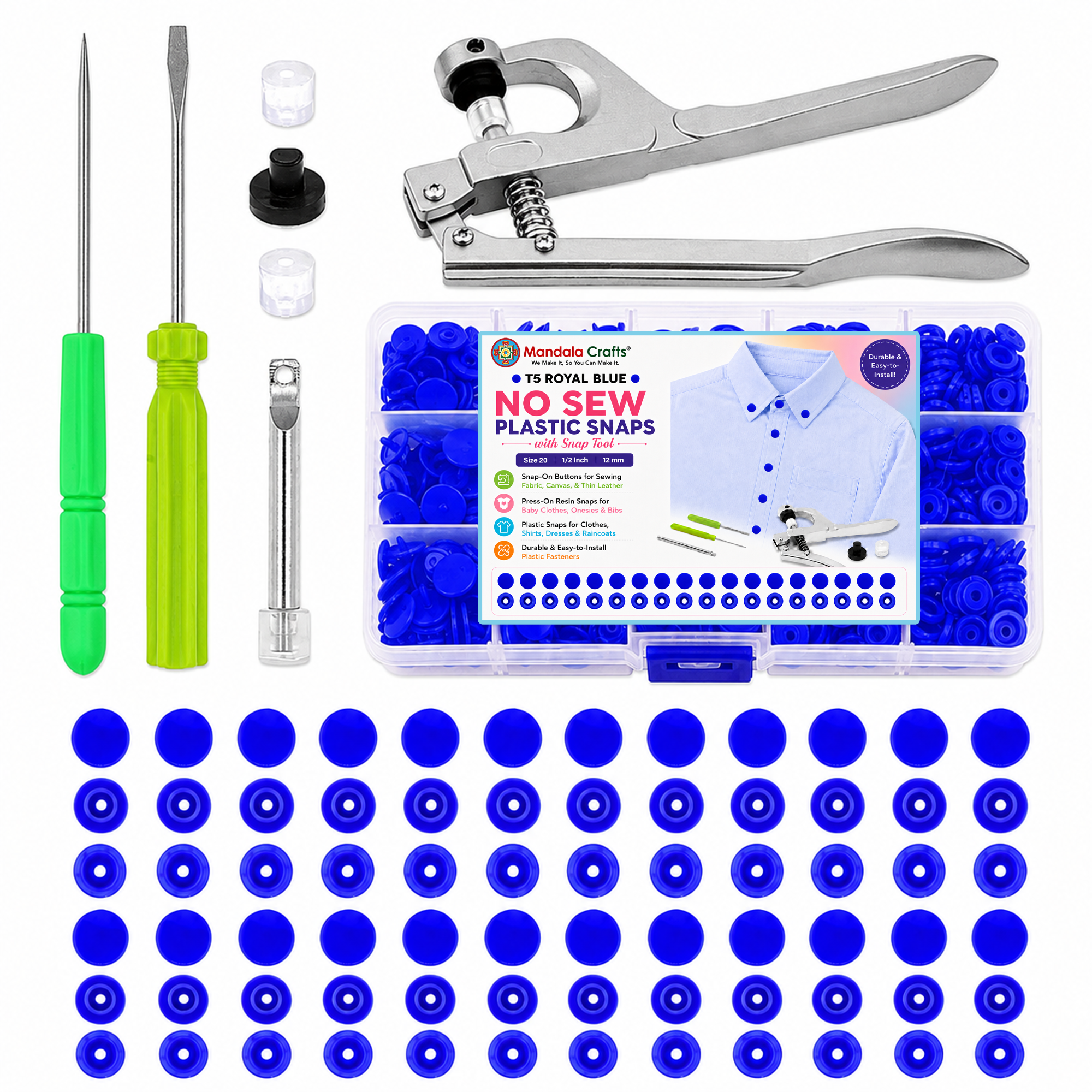 Mandala Crafts Plastic Snaps for Clothing - No-Sew Plastic Snap Buttons - Snap Button Kit - Snap Fastener Kit with Tools for Fabric Sewing Clothes