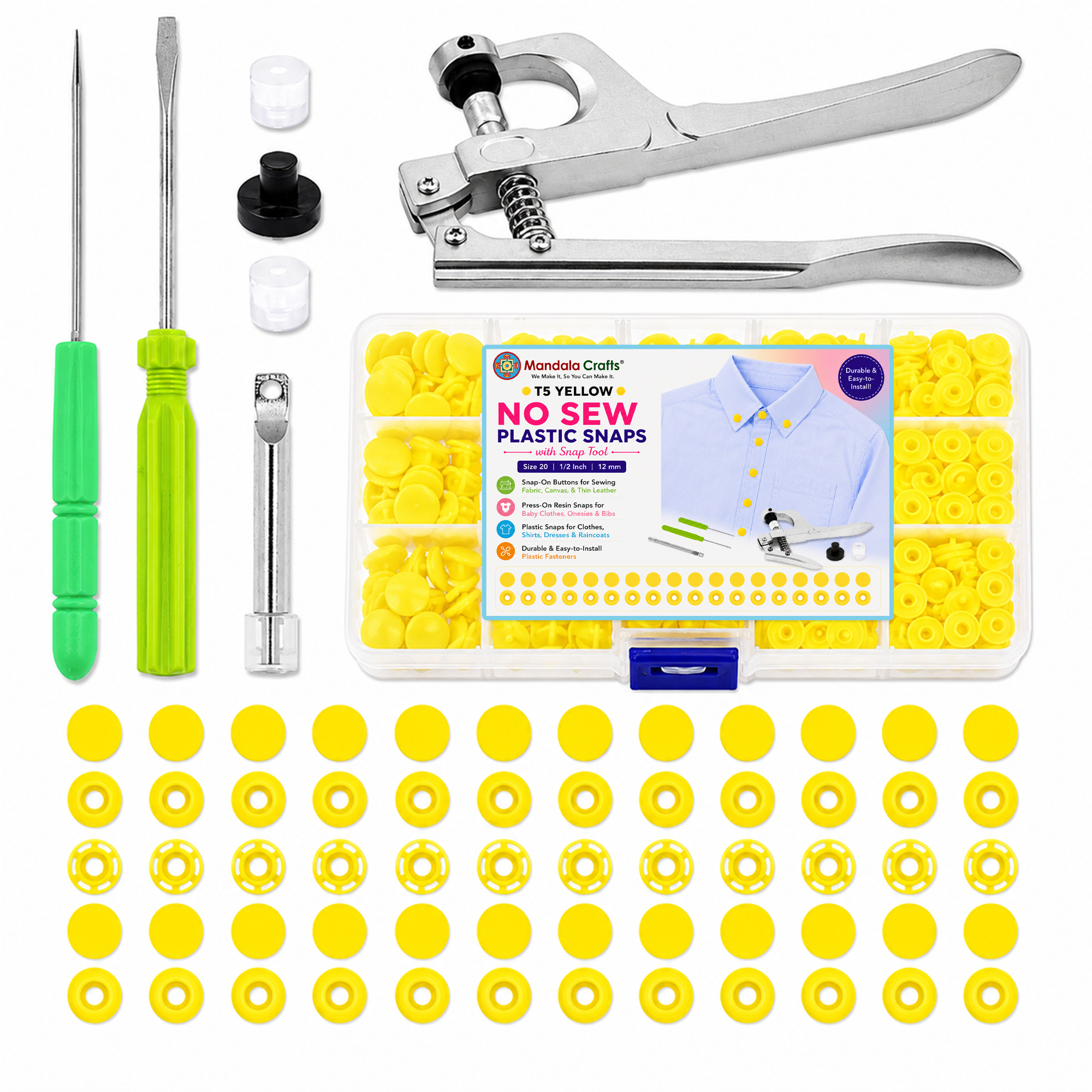 Mandala Crafts Plastic Snaps for Clothing - No-Sew Plastic Snap Buttons - Snap Button Kit - Snap Fastener Kit with Tools for Fabric Sewing Clothes