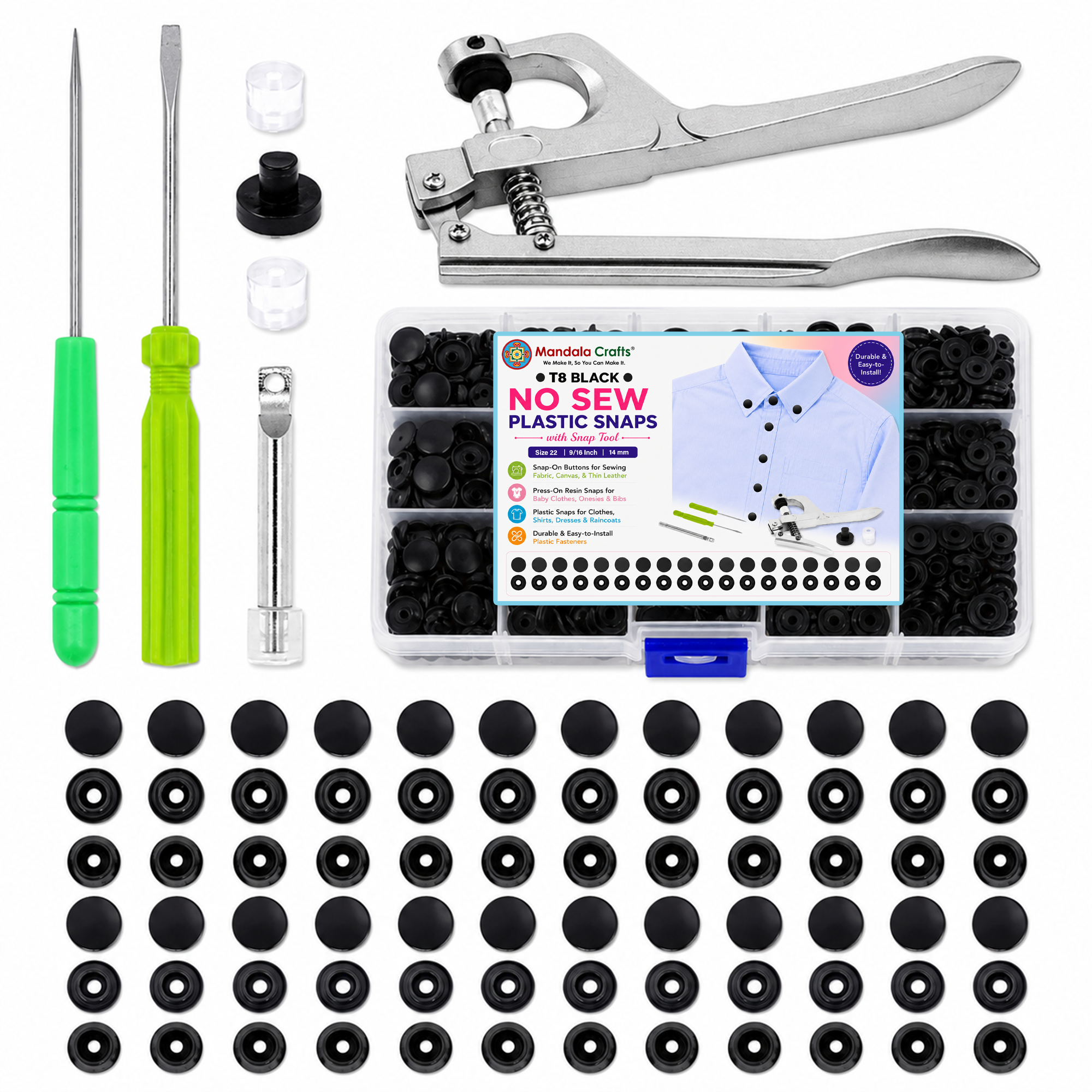 Mandala Crafts Plastic Snaps for Clothing - No-Sew Plastic Snap Buttons - Snap Button Kit - Snap Fastener Kit with Tools for Fabric Sewing Clothes