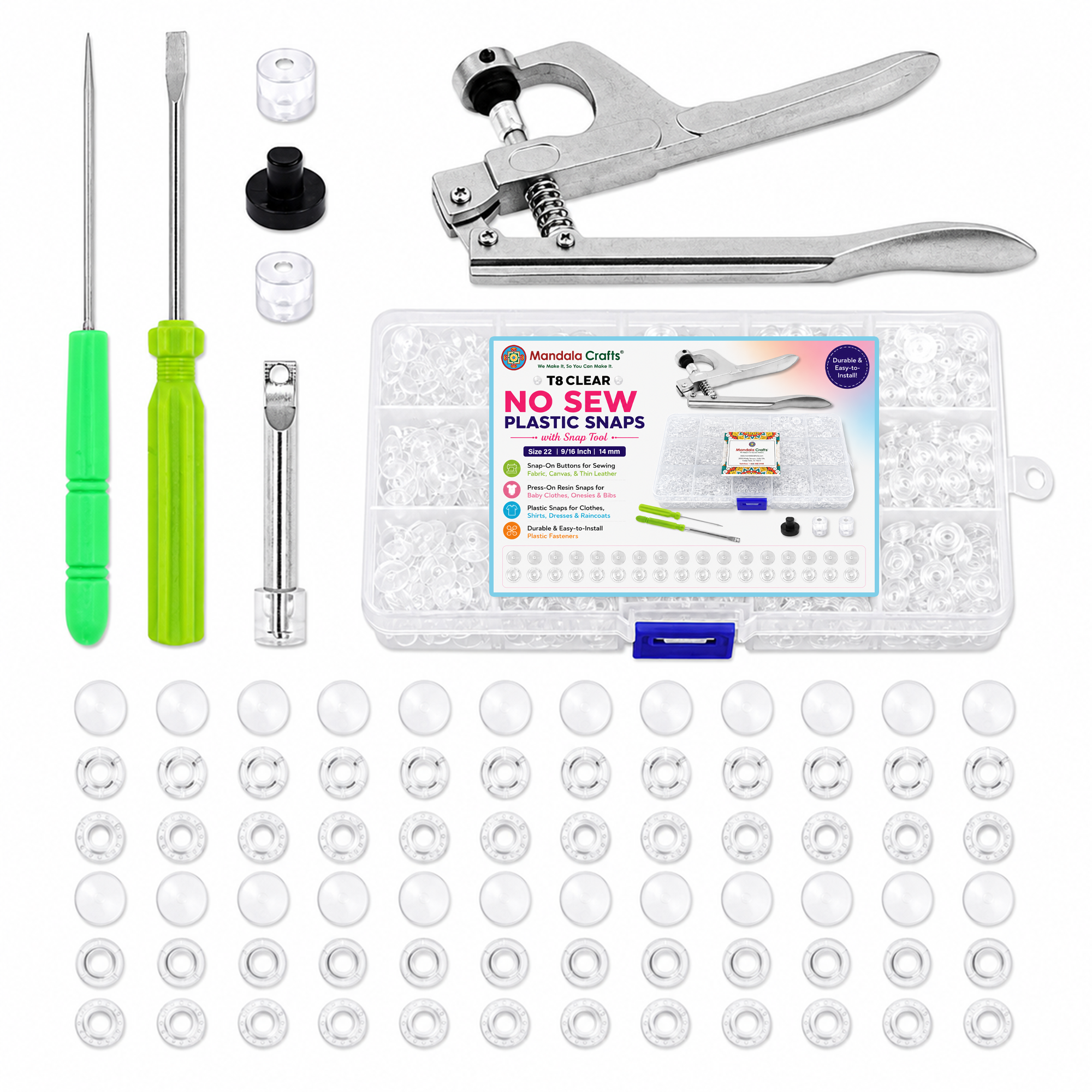 Mandala Crafts Plastic Snaps for Clothing - No-Sew Plastic Snap Buttons - Snap Button Kit - Snap Fastener Kit with Tools for Fabric Sewing Clothes