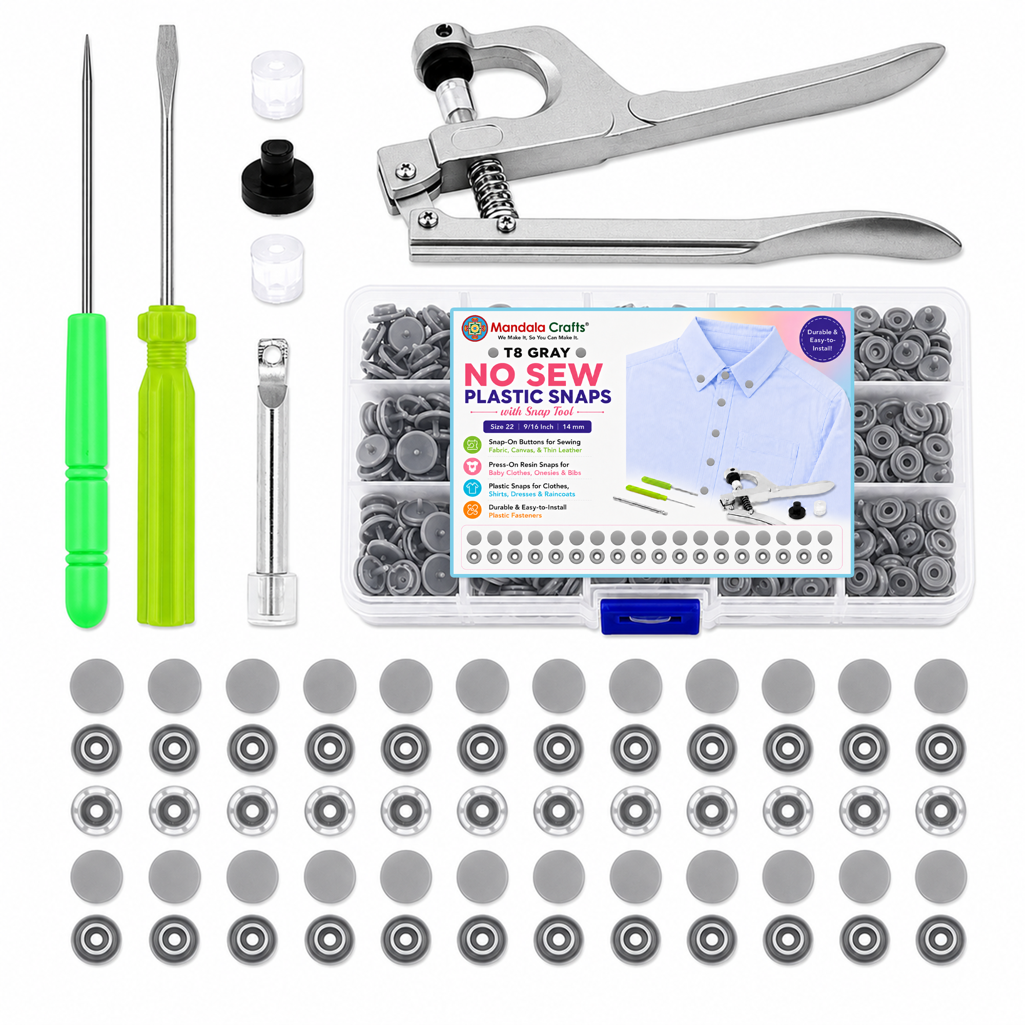 Mandala Crafts Plastic Snaps for Clothing - No-Sew Plastic Snap Buttons - Snap Button Kit - Snap Fastener Kit with Tools for Fabric Sewing Clothes