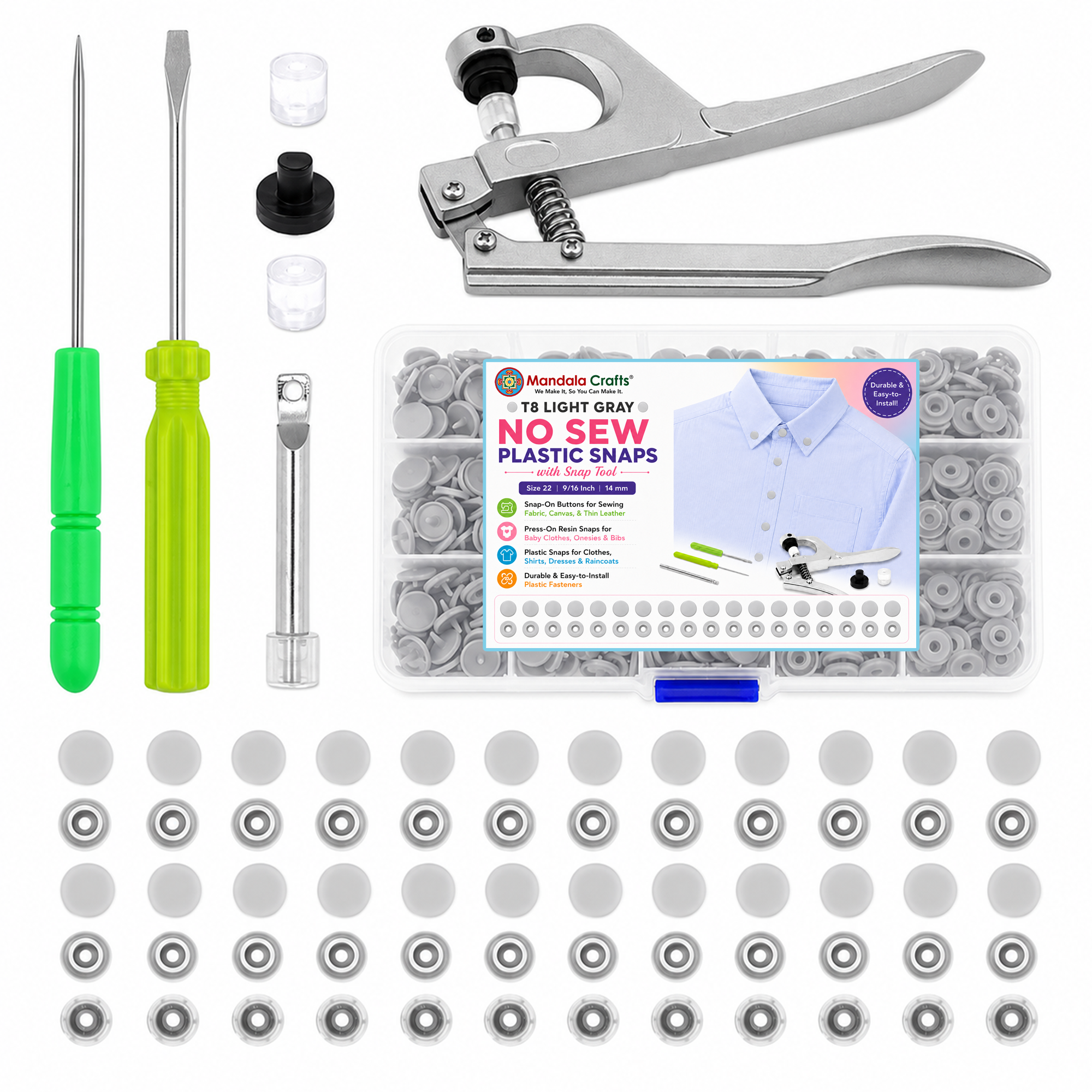 Mandala Crafts Plastic Snaps for Clothing - No-Sew Plastic Snap Buttons - Snap Button Kit - Snap Fastener Kit with Tools for Fabric Sewing Clothes