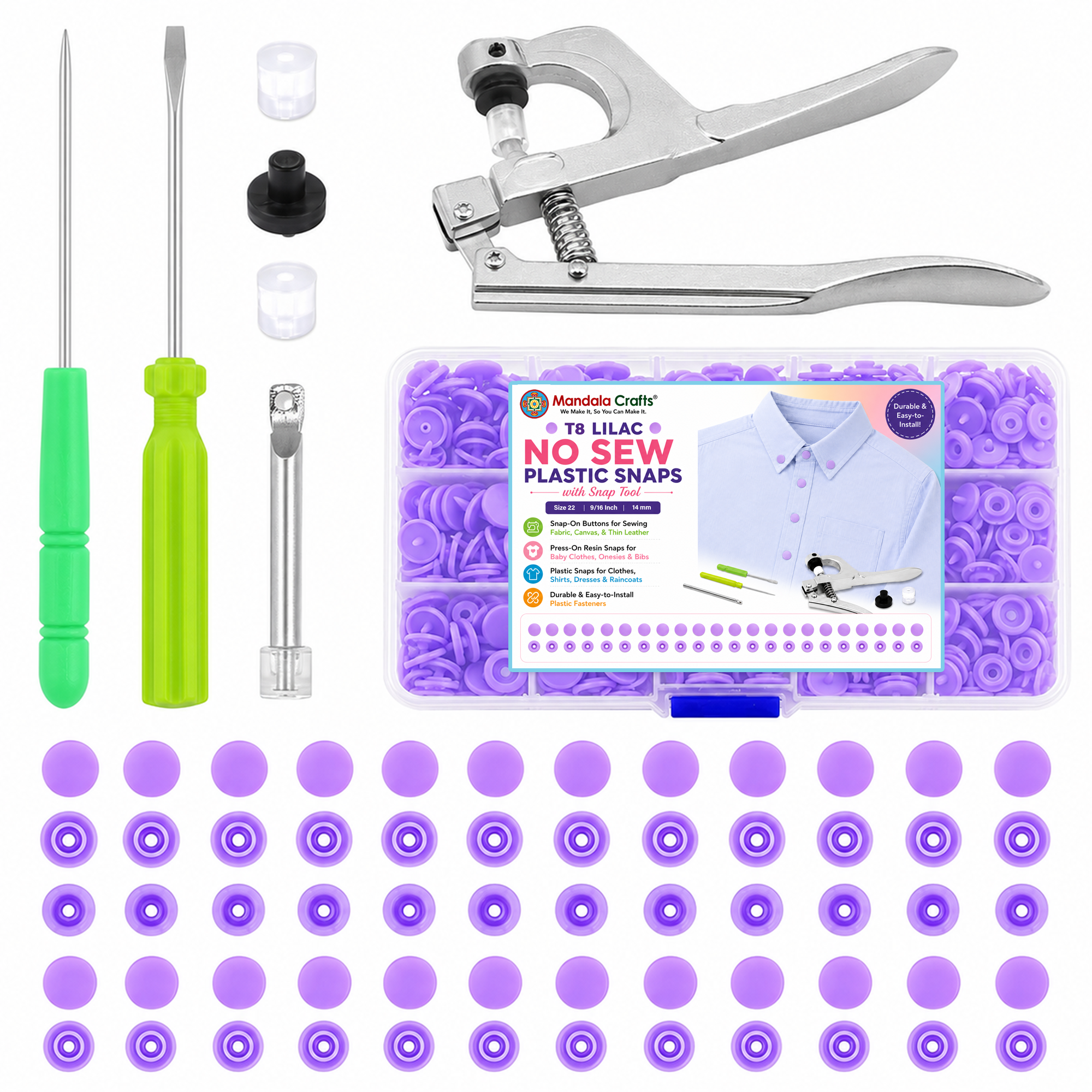 Mandala Crafts Plastic Snaps for Clothing - No-Sew Plastic Snap Buttons - Snap Button Kit - Snap Fastener Kit with Tools for Fabric Sewing Clothes
