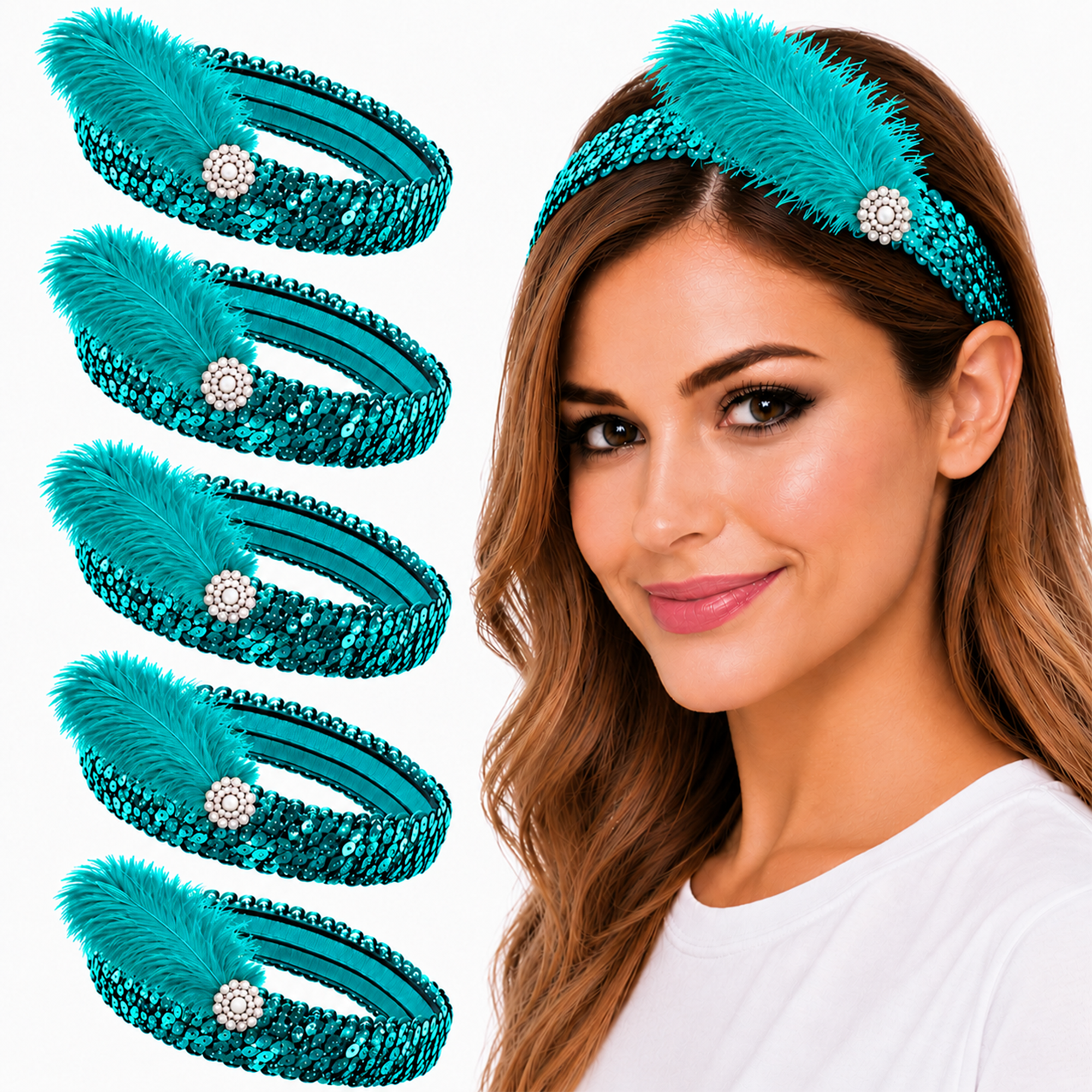 Mandala Crafts Glitter Sequin Headbands with Ostrich Feather Flapper for Women – Elastic Sparkle Bands for Disco, Dance, Carnival Party, or Costume Accessories 5 PCs