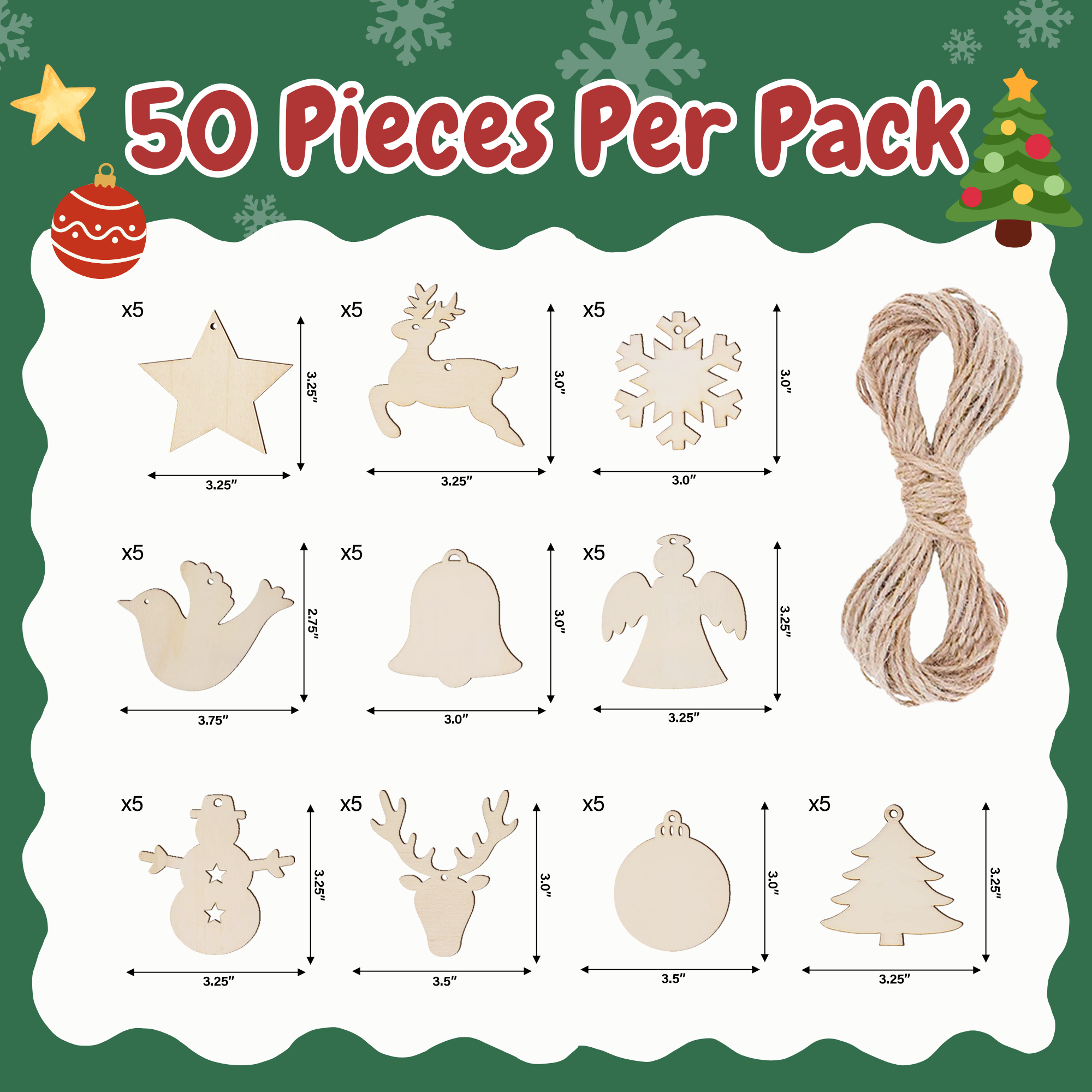 50 Sets Unfinished Wood Christmas Ornaments for Crafts - DIY Unfinished Wood Ornaments for Crafts Bulk Blank Wooden Christmas Ornaments for Xmas Tree Hanging Decoration