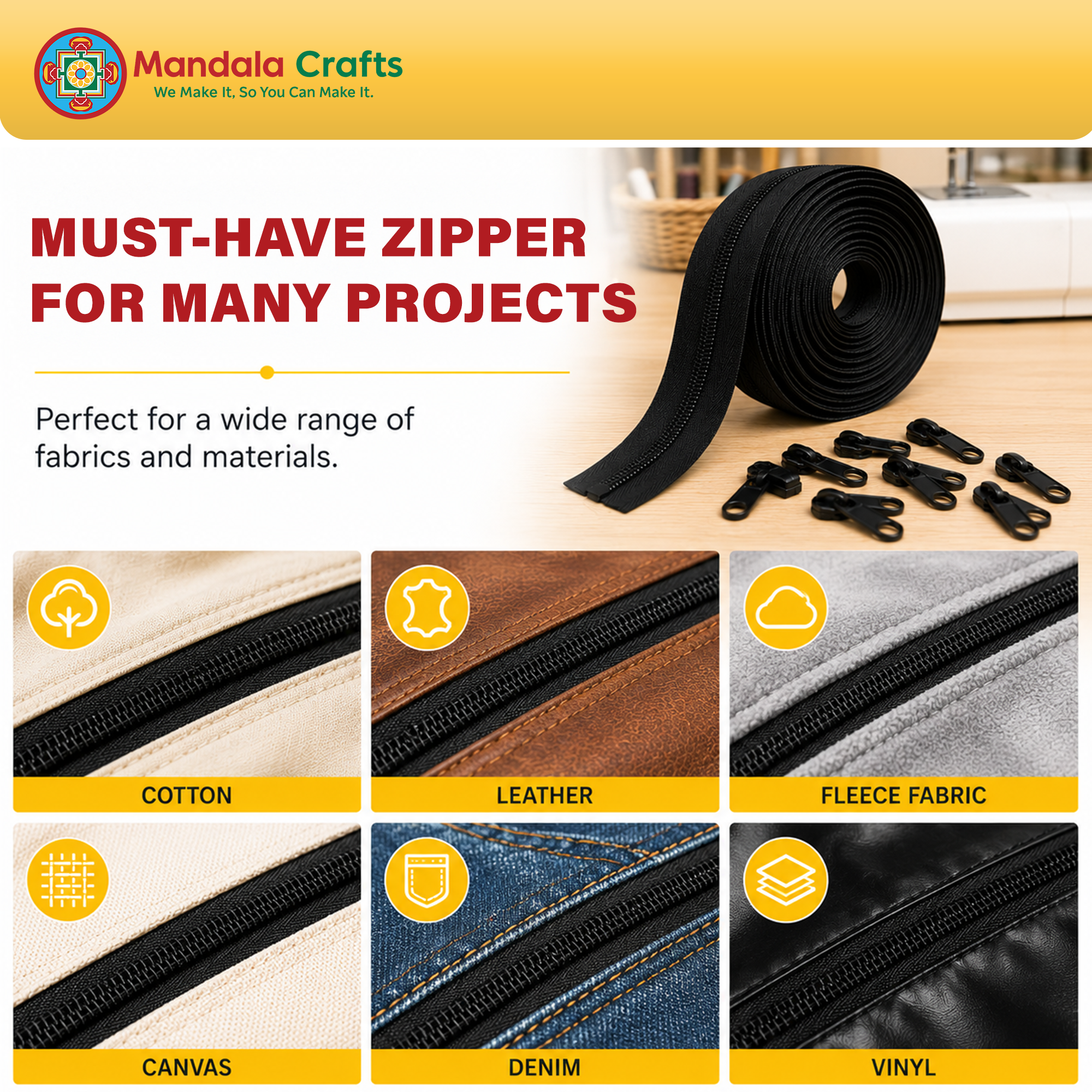 Mandala Crafts #3 #5 Nylon Zippers by the Yard with 25 Pulls | 10 YDs, Continuous Coil Zipper Chain on the Roll, Rust Resistant Sliders, for Upholstery, Sewing, Indoor Outdoor Cushions