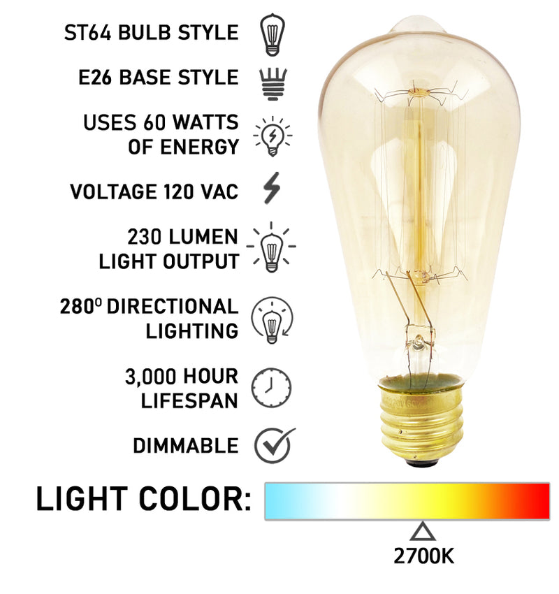 LED Edison Light Bulbs 60 Watt Decorative Vintage Style Incandescent Lightbulb Equivalent E26 Base ST58, Pack of 4 by Mandala Crafts