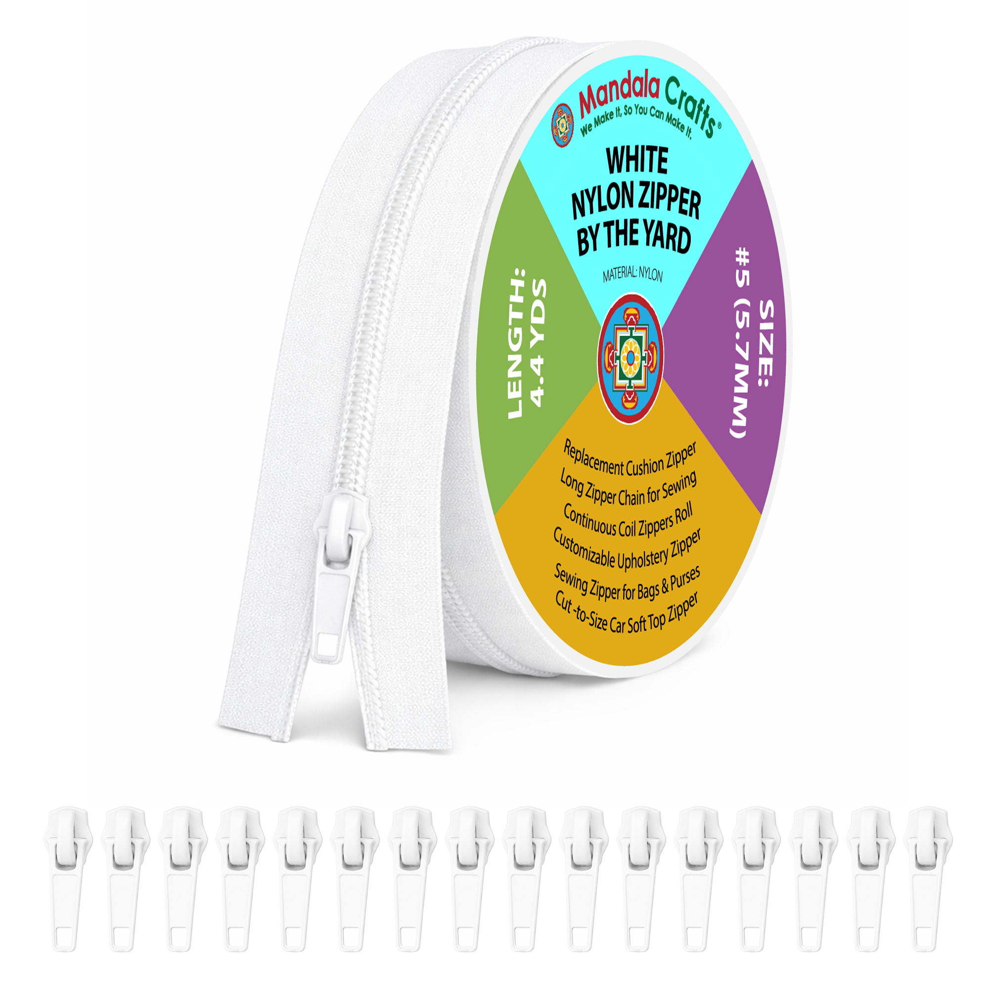 Mandala Crafts Long Zipper by The Yard - Coil Zipper by The Yard #5 - Continuous Zipper Roll for Sewing - Upholstery Zipper Chain with 16 Installed Sliders 4.4 Yards Long
