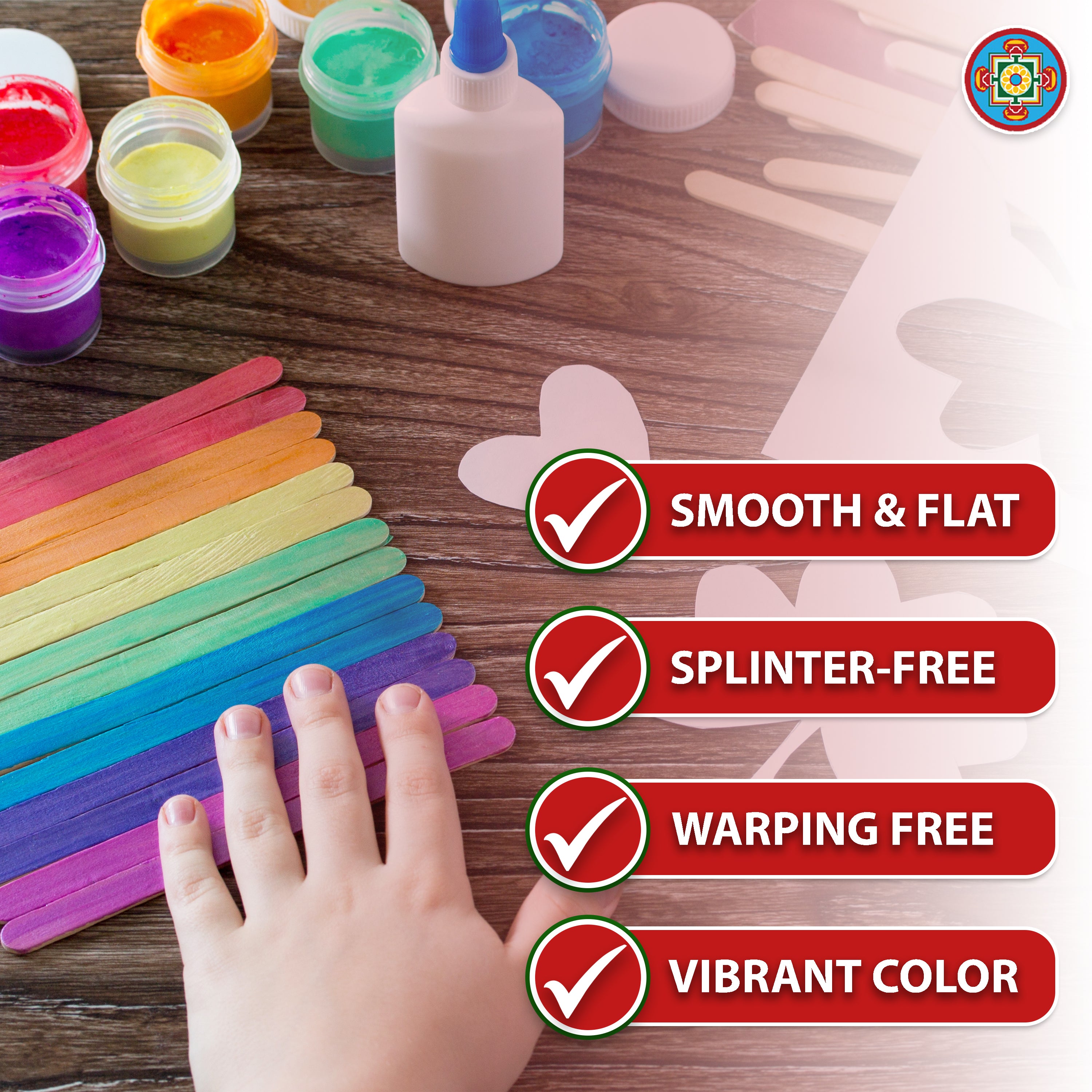 Wooden Craft Sticks, Colored Popsicle Sticks for Crafts, Rainbow 4.5 Inches Jumbo Bulk Pack by Mandala Crafts