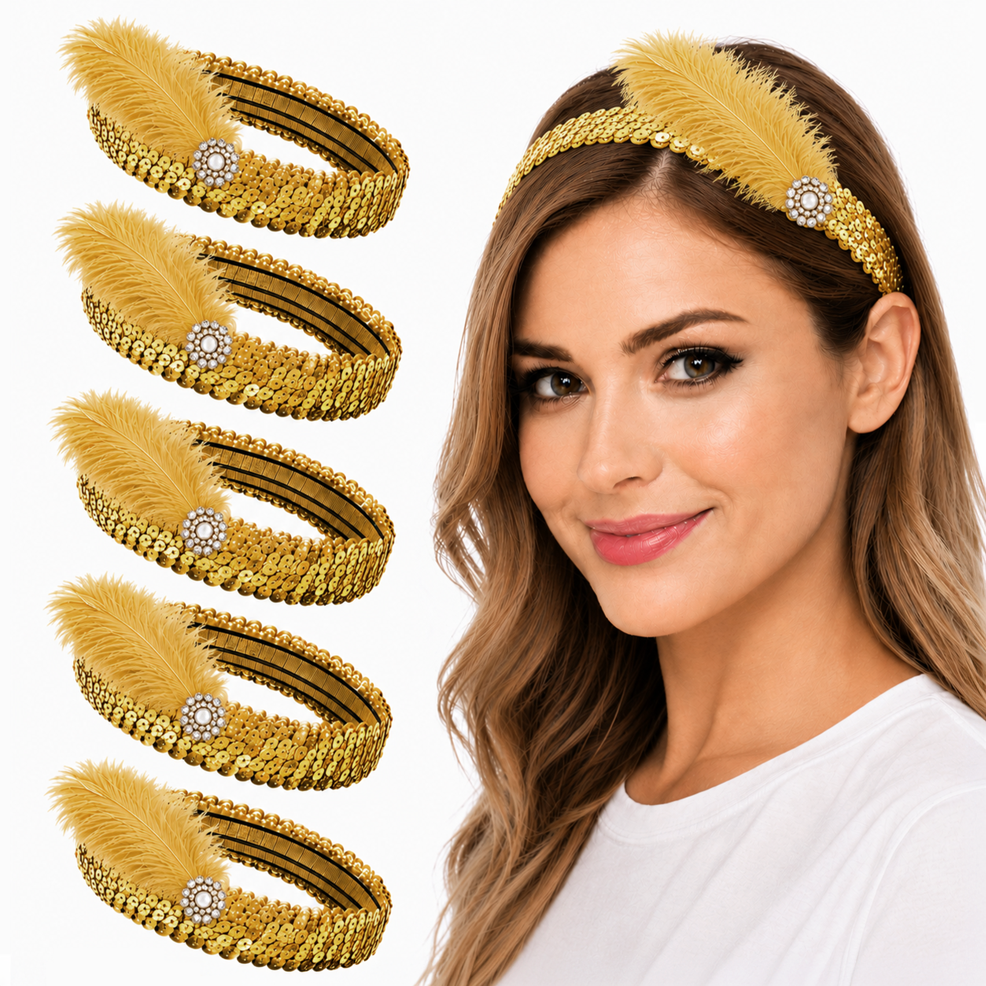 Mandala Crafts Glitter Sequin Headbands with Ostrich Feather Flapper for Women – Elastic Sparkle Bands for Disco, Dance, Carnival Party, or Costume Accessories 5 PCs