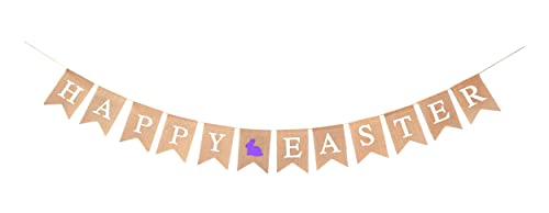 Mandala Crafts Happy Easter Banner for Easter Decorations - Easter Garland Bunting -Easter Sign Bunny Rabbit Easter Burlap Banner for Party Home Fireplace Mantle