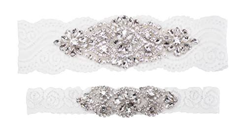 2 Pieces Wedding Garters for Bride - Rhinestone Wedding Garter Belt Set with Pearls Silver-white / Large 2 Pieces Wedding Garters for Bride - Rhinestone Wedding Garter Belt Set with Pearls Silver-white / Large