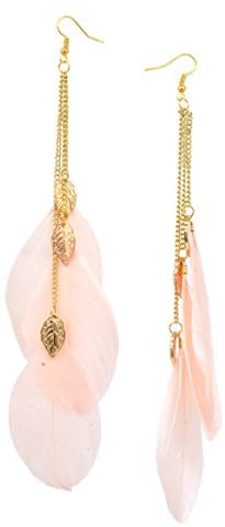 Long Chain Dangle Chandelier Style Three Feather Earrings Sexy Fashion Jewelry (Leaf Pink)