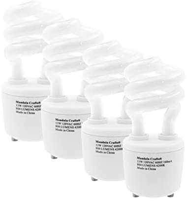 GU24 Light Bulb  CFL 13 w 120 v 60 hz Light Bulb  Compact Fluorescent Lightbulb with Two Prong Base T2 Mini Spiral 4 Pack Cool White by Mandala Crafts