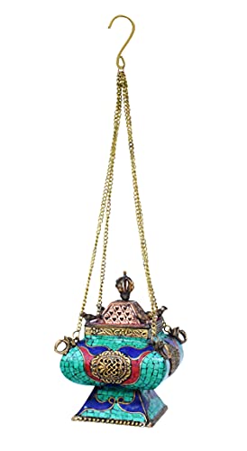 Tibetan  Hanging Incense Burner with Chain - Brass Incense Burner with Lid for Resin Charcoal (Gemstone Inlay)