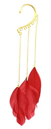 Cool Statement Long Gold Tone Chain Three Feather Ear Cuff Earring Wrap Sexy Fashion Jewelry (Red)