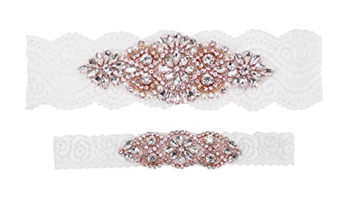 2 Pieces Wedding Garters for Bride - Rhinestone Wedding Garter Belt Set with Pearls Silver-white / Large 2 Pieces Wedding Garters for Bride - Rhinestone Wedding Garter Belt Set with Pearls Silver-white / Large