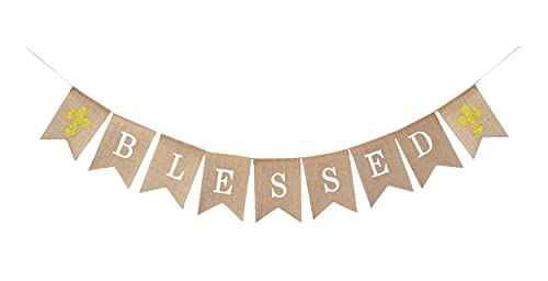 Blessed Burlap Banner for Baptism Decorations Easter Communion Garland Bunting Sign for Baby Shower Thanksgiving Party Fireplace Mantle Decoration
