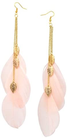 Long Chain Dangle Chandelier Style Three Feather Earrings Sexy Fashion Jewelry (Leaf Pink)